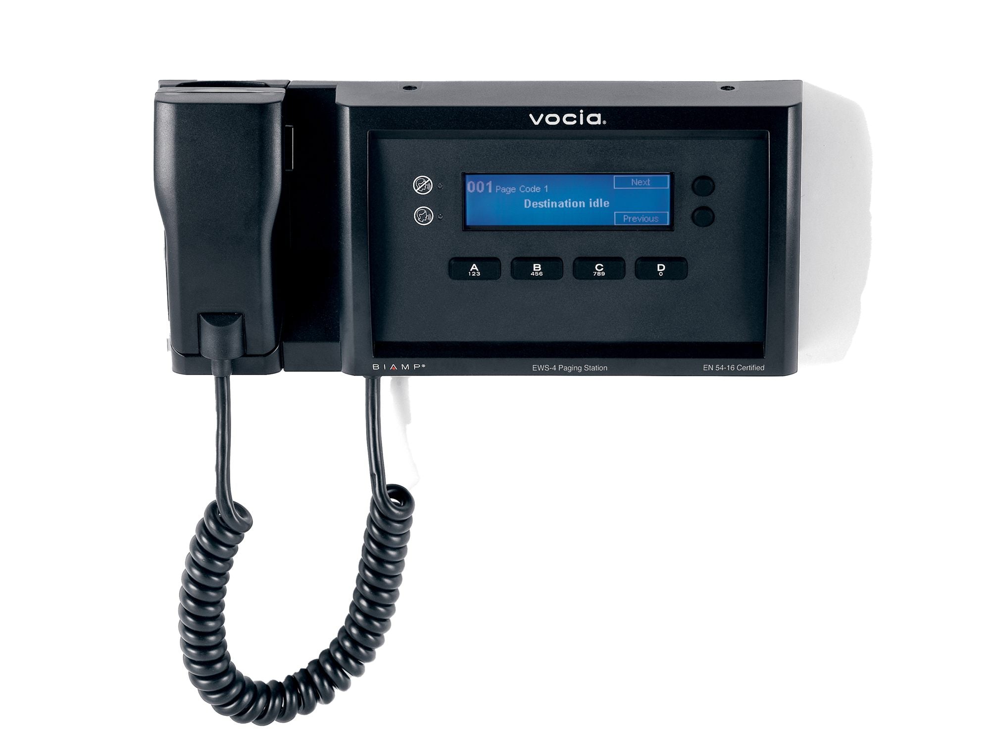 Biamp Vocia - EN54-16 certified, Emergency Wall-mounted Paging Station, 4 Buttons with hand-held microphone.