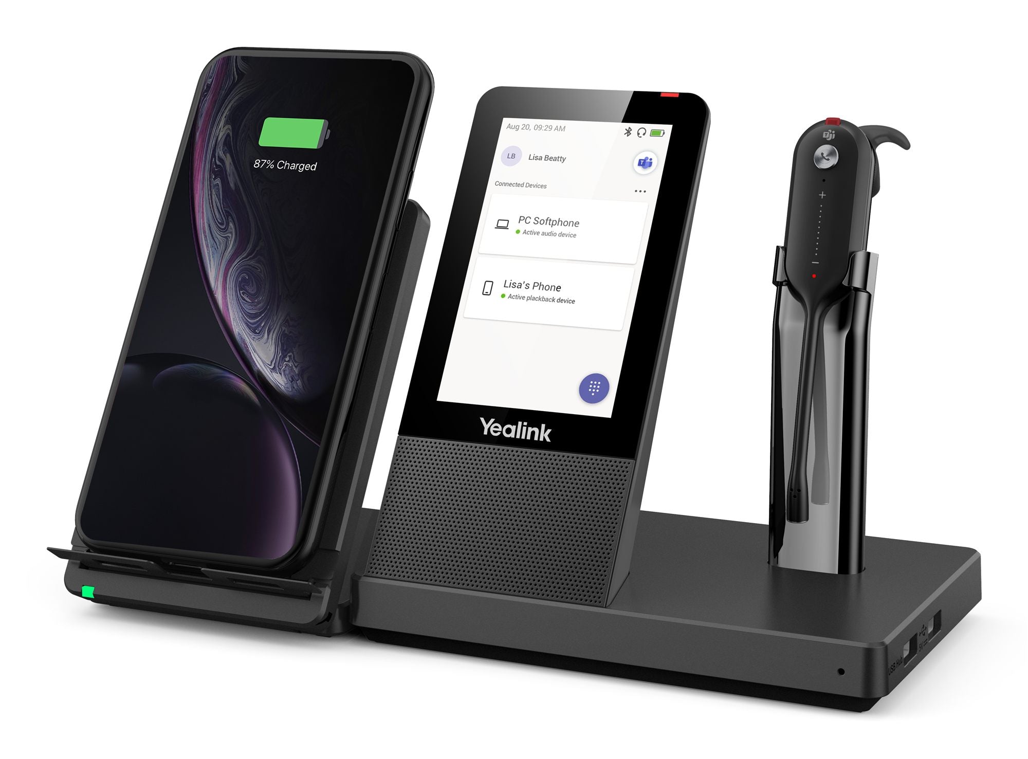 Yealink WH67 Teams Sans fil Crochets auriculaires, Arceau, Minerve Bureau/Centre d'appels Bluetooth Socle de chargement Noir