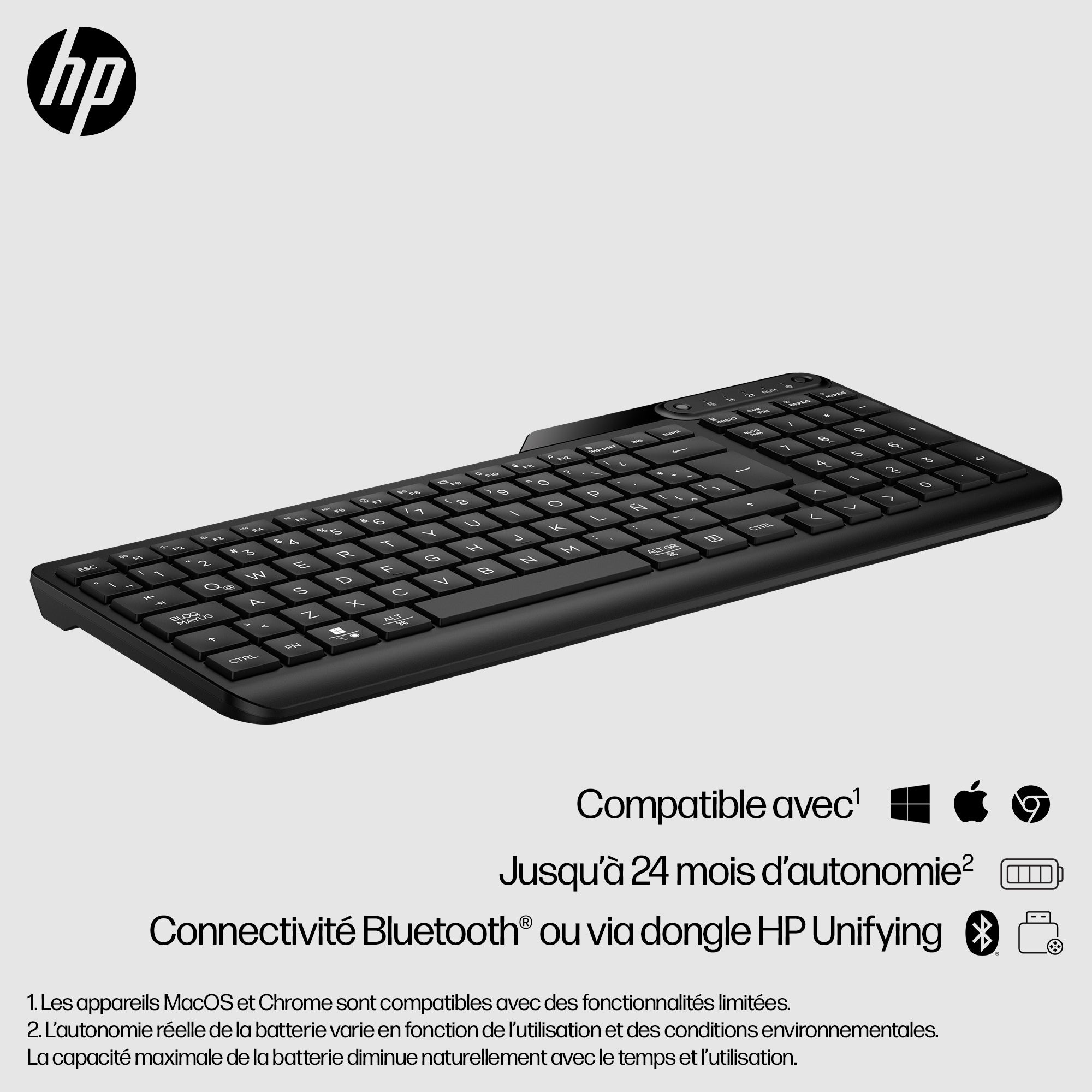 Clavier sans fil HP 475 mode double - récepteur USB + Bluetooth - noir QWERTY (7N7B9AA#ABB)