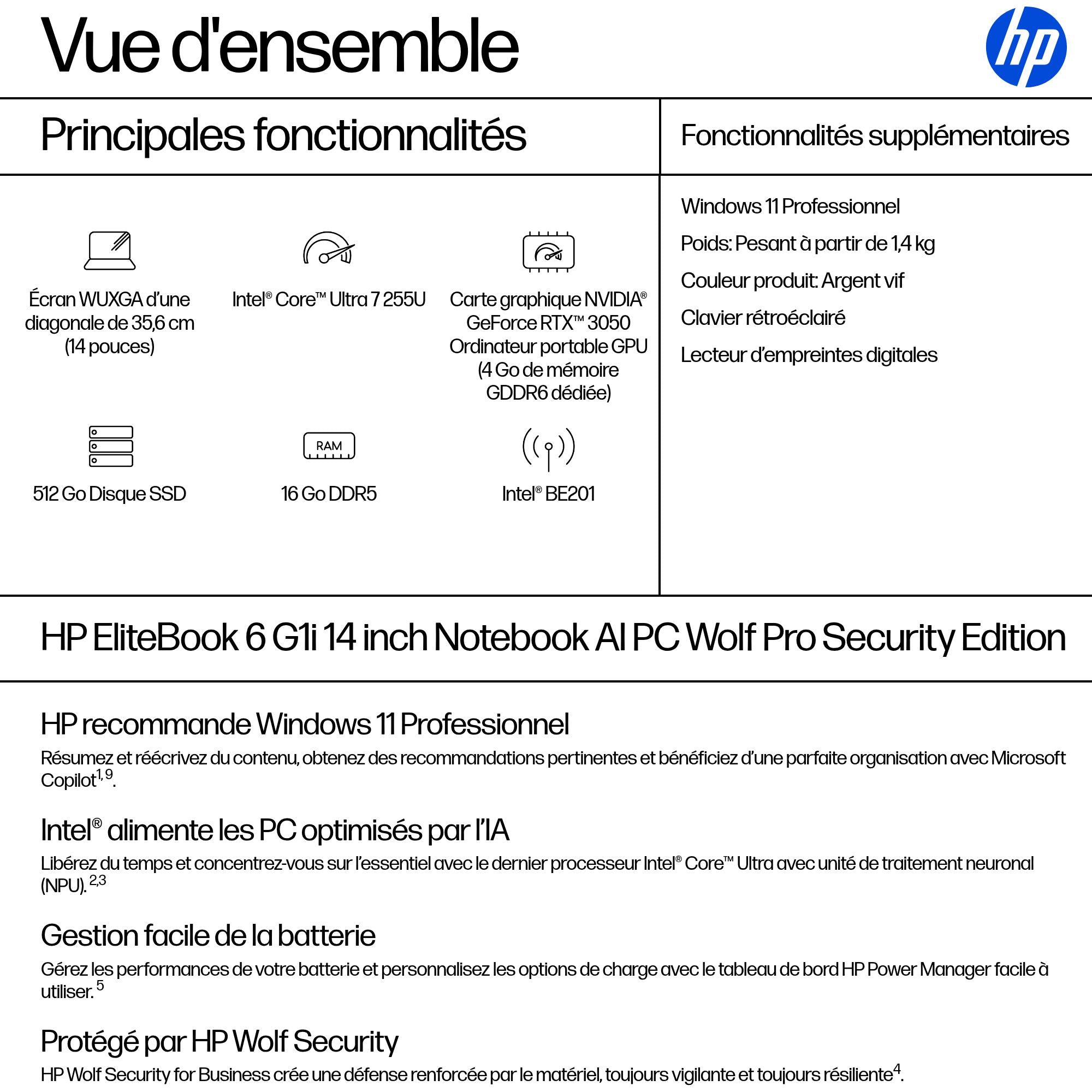 HP EliteBook 6 G1i IA Nouvelle génération Intel Core Ultra 7 255U 14p WUXGA 16Go 512Go SSD UMA W11P Copilot + PC 1/1/0