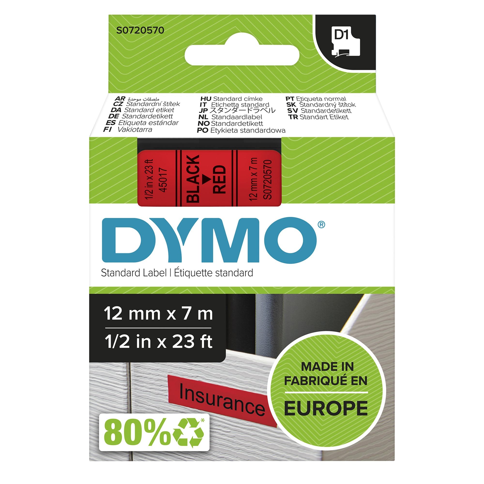 DYMO Ruban D1 - 12 mm noir sur rouge