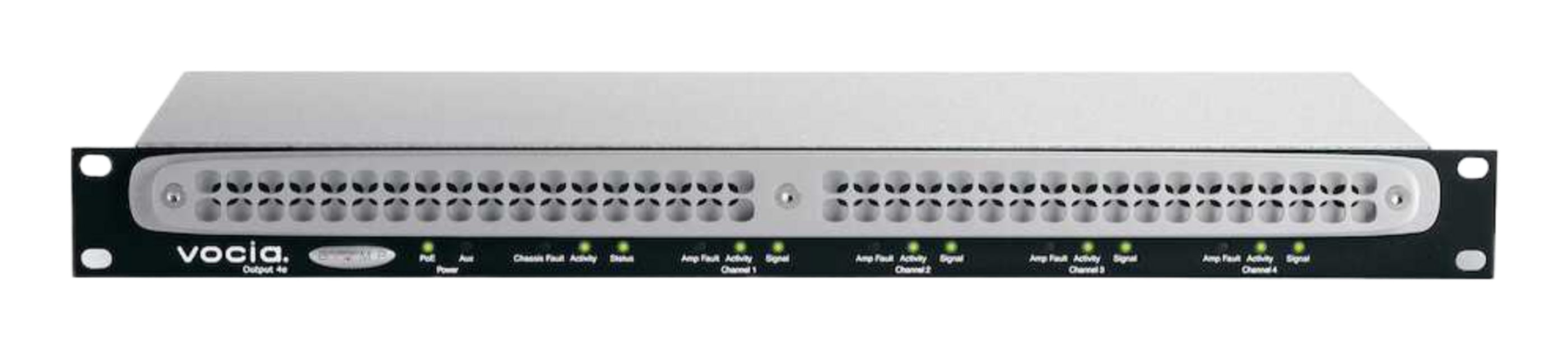 Biamp Vocia networked audio output expansion device with 4 line-level output channels. Enhanced to support Vocia ELD-1 & ANC-1. Emergency Message storage.