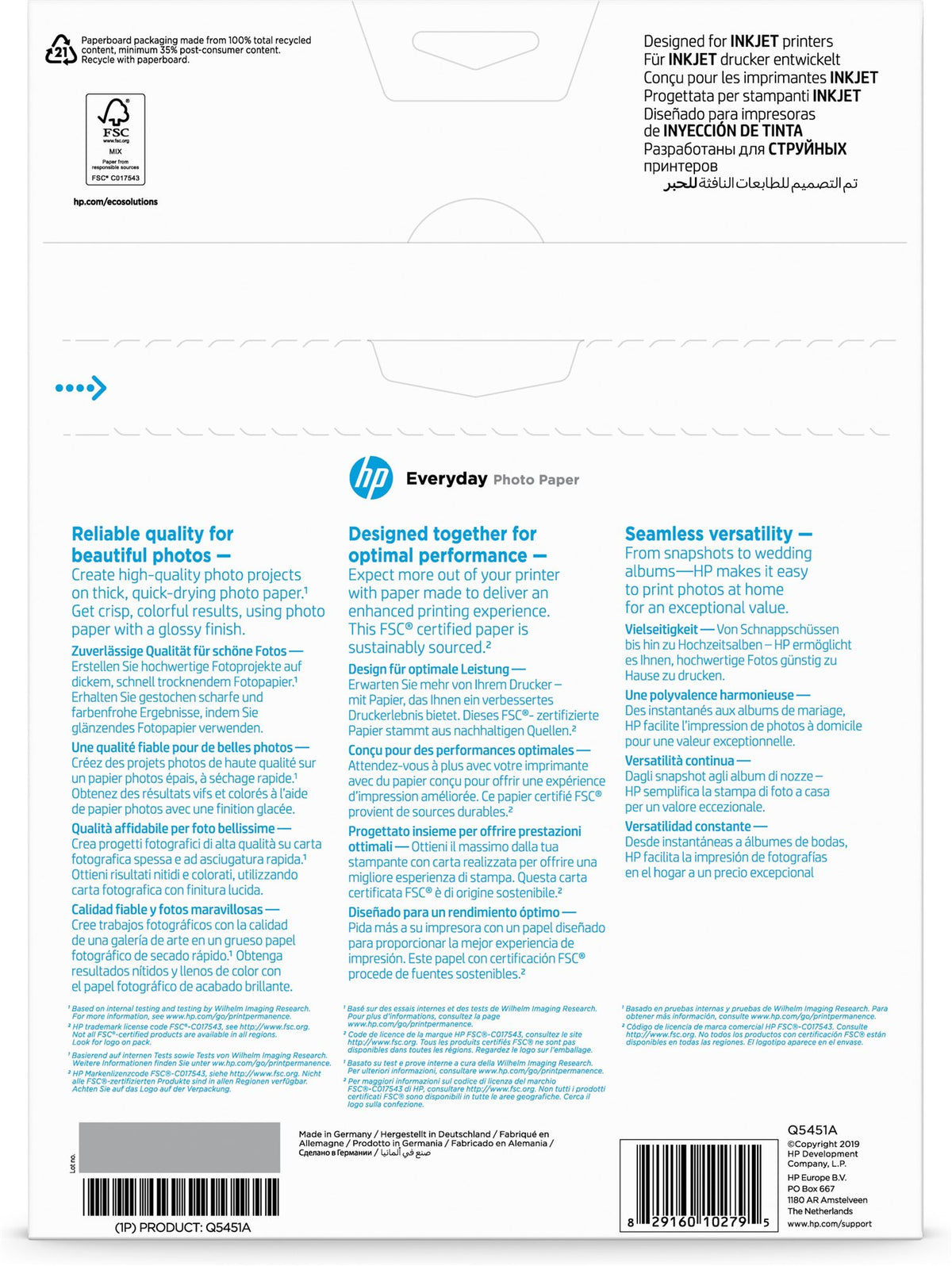 HP original Q5451A Everyday Glossy Photo Paper Ink cartridgetjet 200g/m2 A4 25 sheets 1-pack