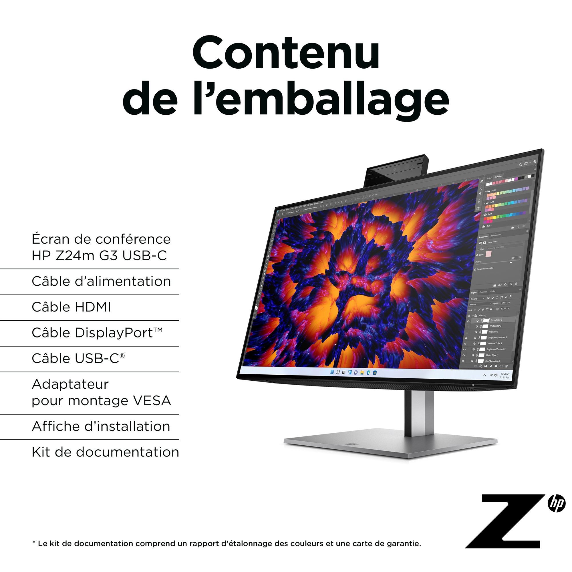 HP Écran de conférence Z24m G3 QHD avec webcam IR 5Mpx 23.8p QHD 2560x1440 HDMI USB-C USB port DisplayPort