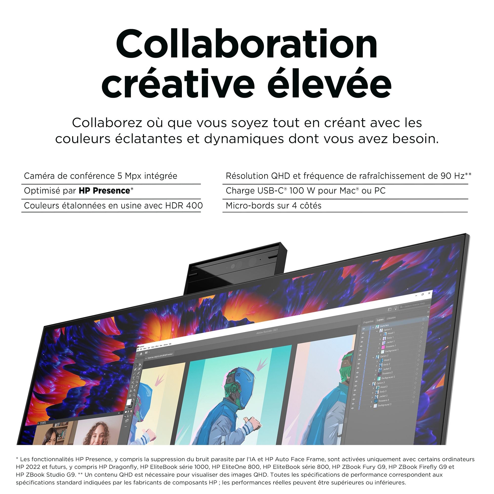 HP Écran de conférence Z24m G3 QHD avec webcam IR 5Mpx 23.8p QHD 2560x1440 HDMI USB-C USB port DisplayPort