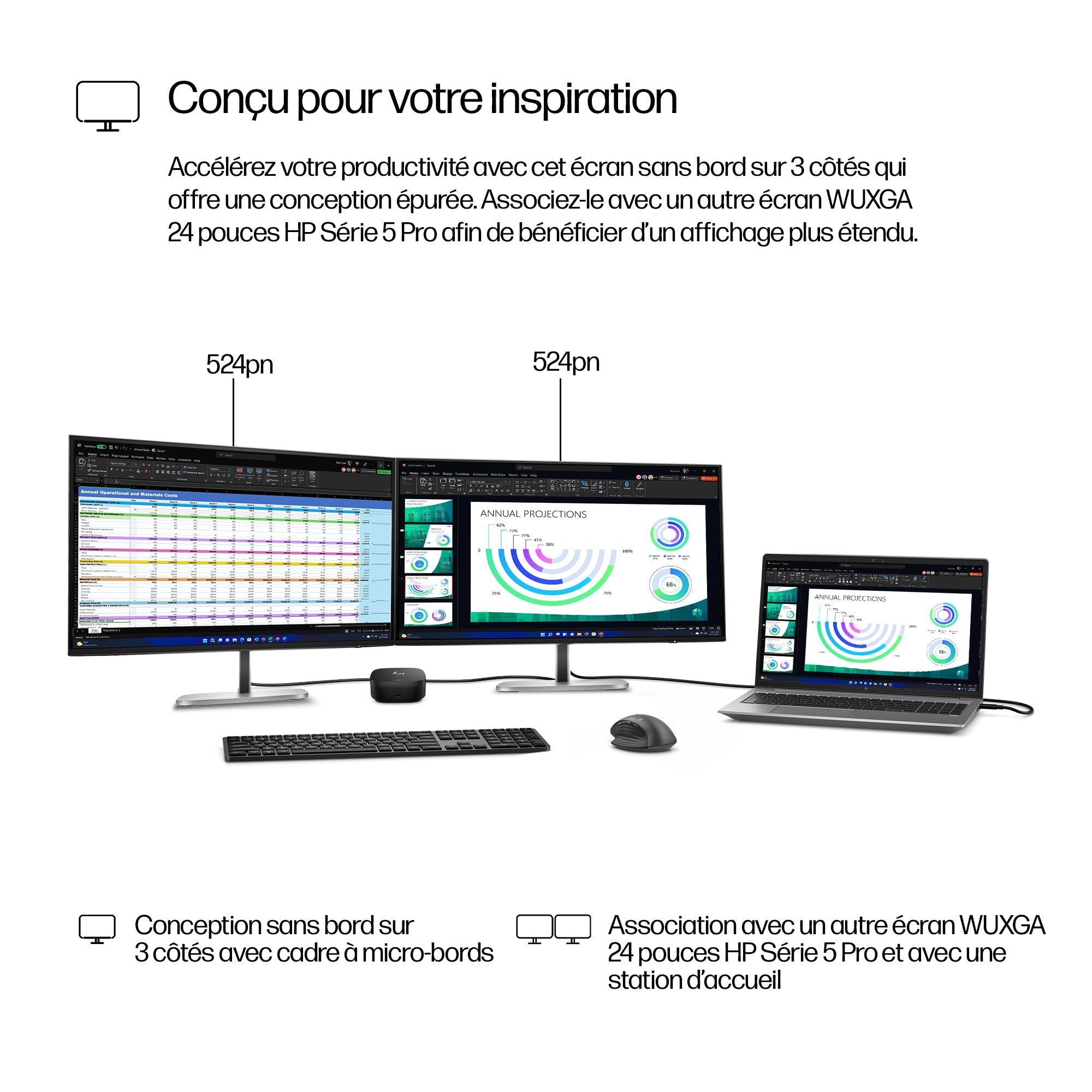 Moniteur HP S5 Pro 524PN - WUXGA 23,8" (1920 x 1200) 100Hz, IPS, 5 ms, HDMI, DisplayPort
