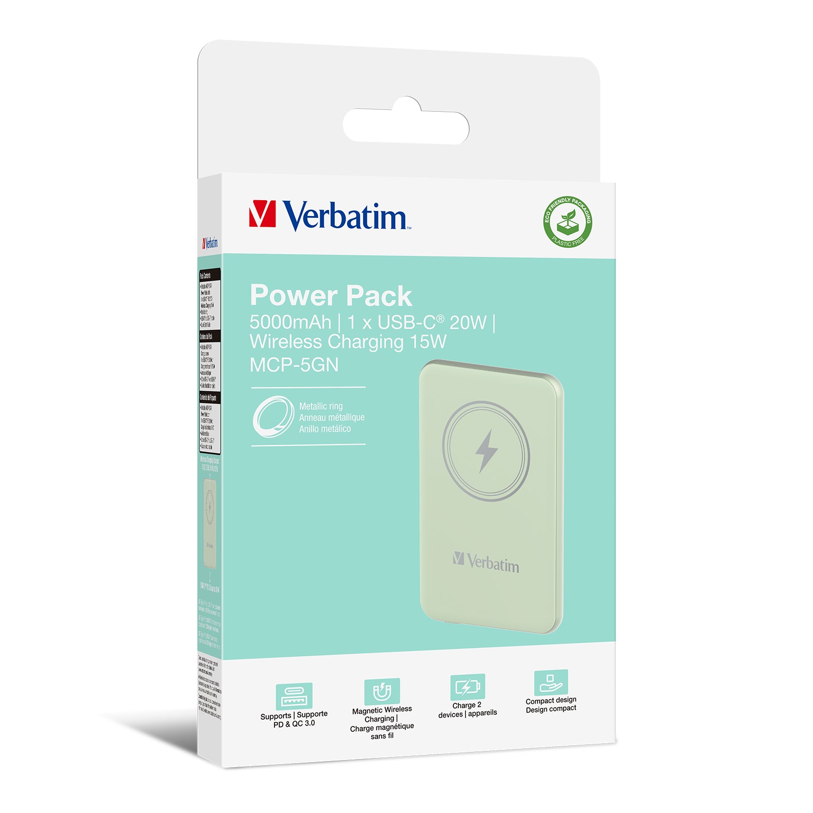VERBATIM CHARGE N GO MAGNETIC WIRELESS POWER BANK 5000 GREEN WCF (P)