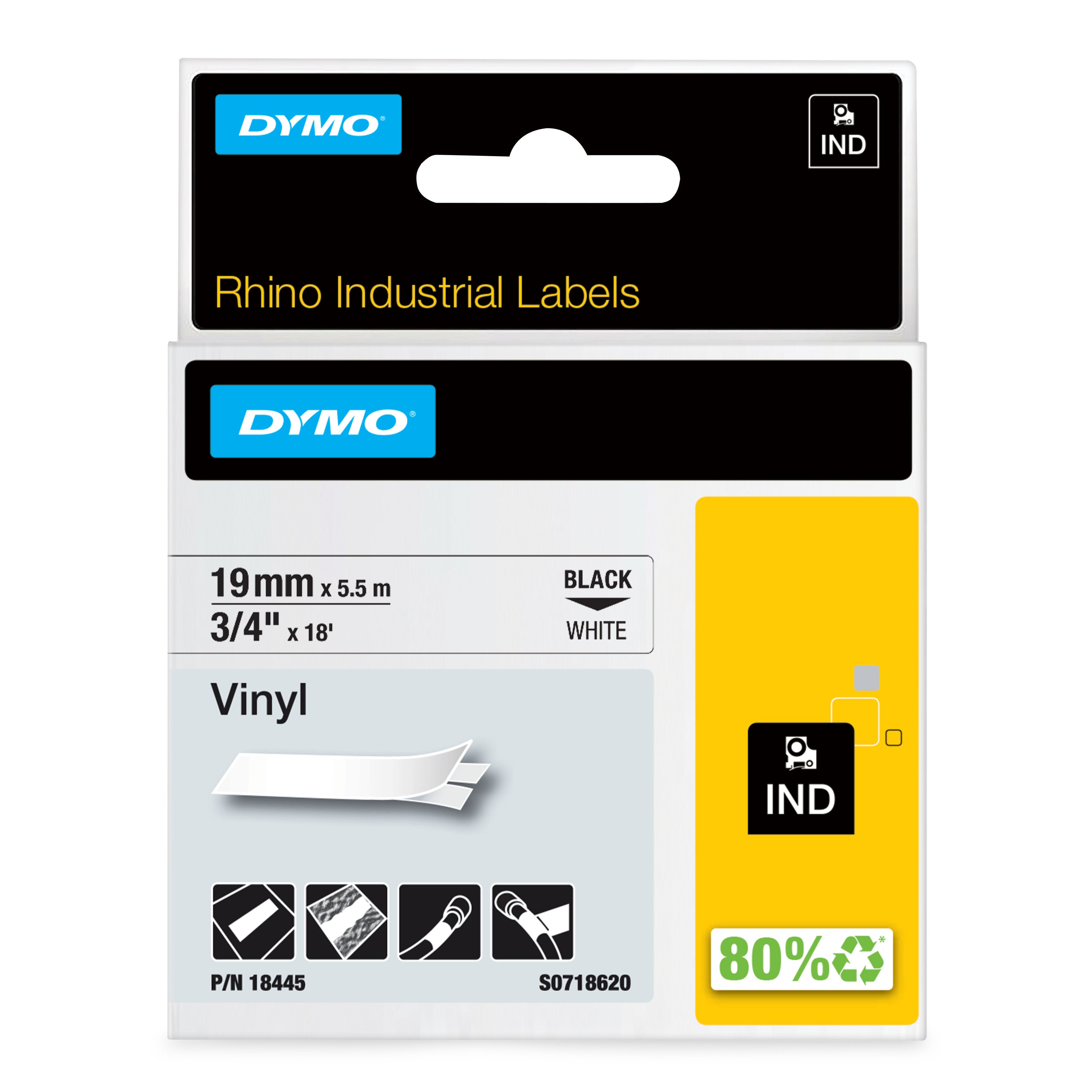 DYMO Rhino Etiquette industrielle vinyle 19 mm x 5,5 m noir/blanc