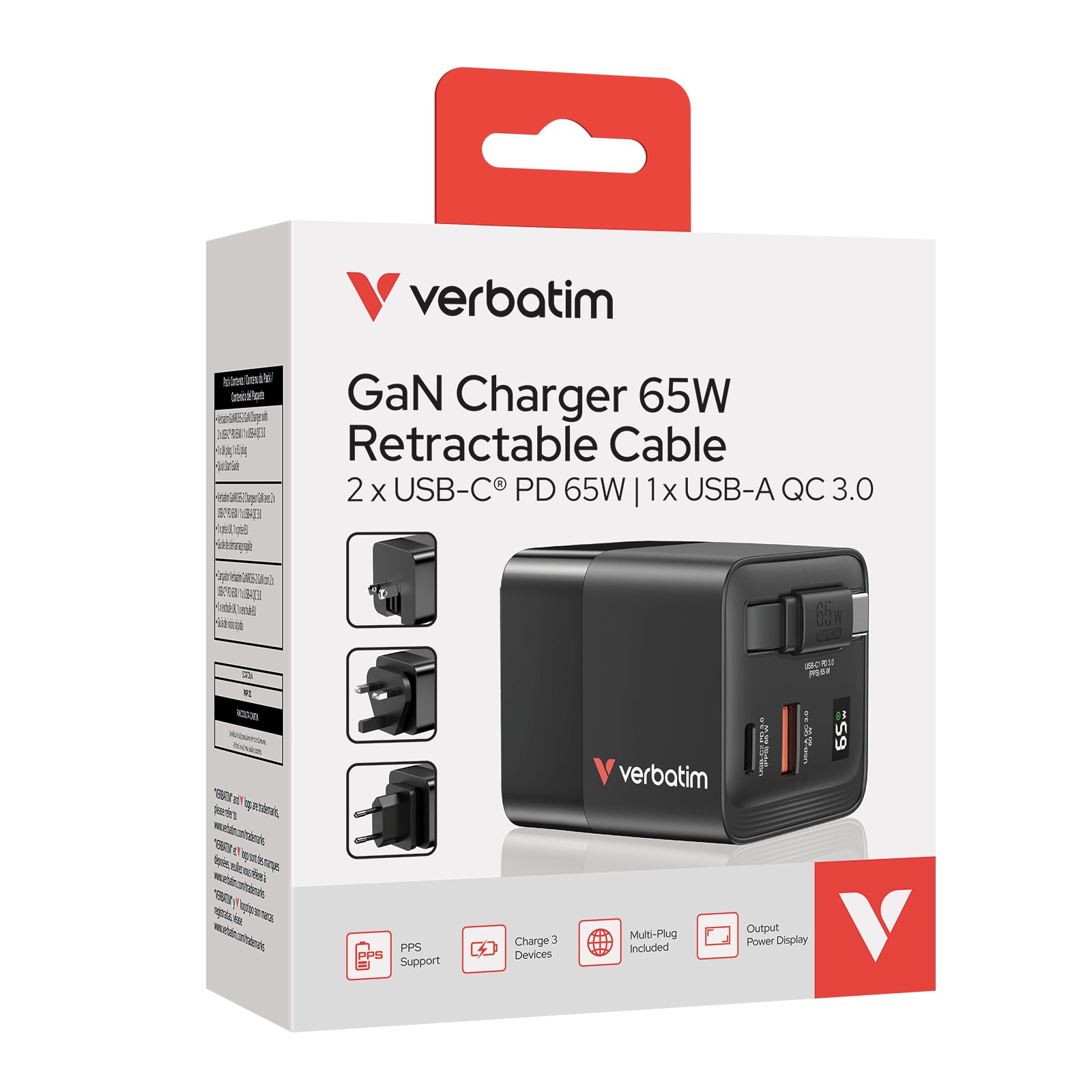 VERBATIM GAN CHARGER 65W 2 PORT RETR CABLE US/EU/UK ADP WCF (P)