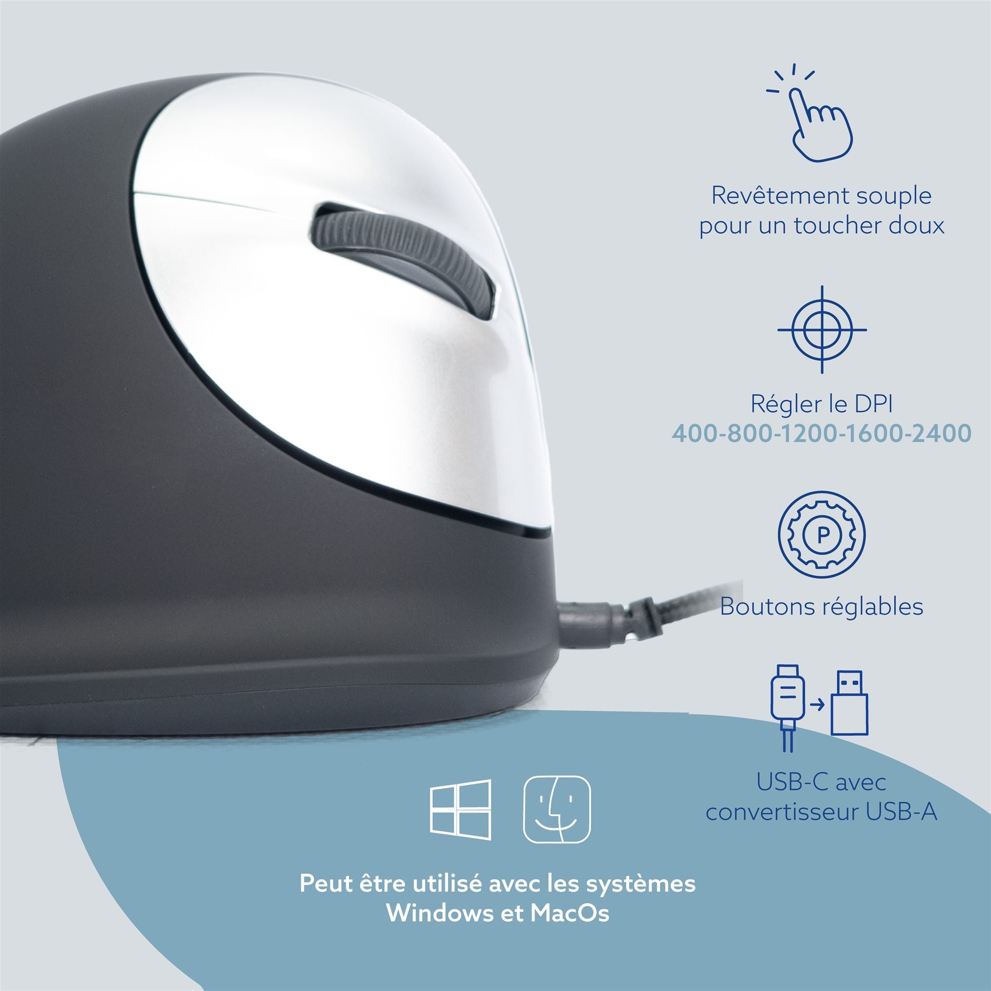 R-GO TOOL Souris HE Break, droiter, filaire, L noire