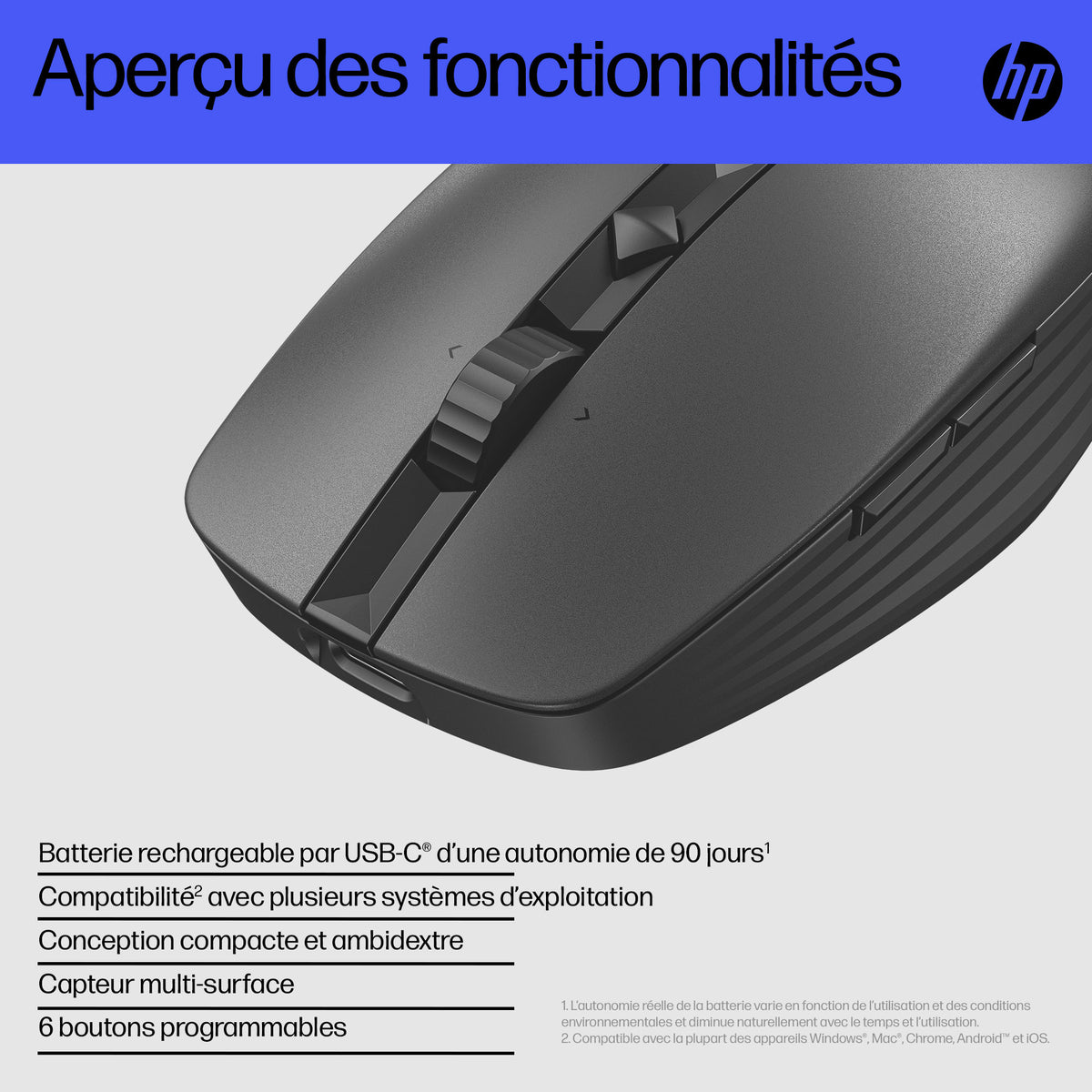 Souris sans fil HP 715 - récepteur USB + Bluetooth noir (6E6F0AA)