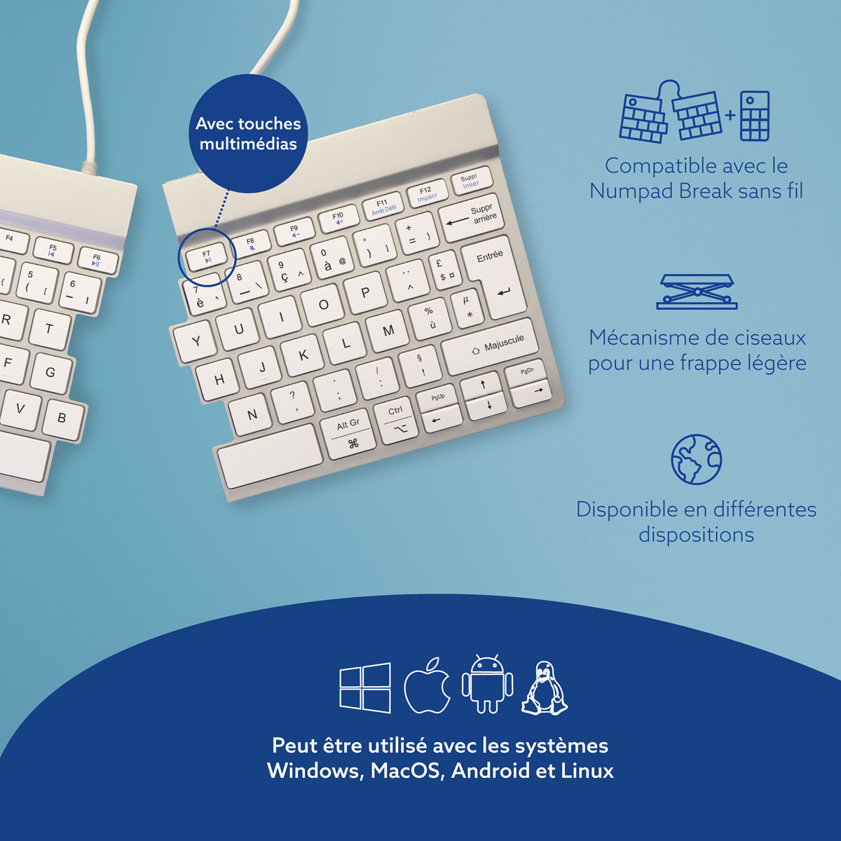 R-GO TOOLS Clavier ergo Split Break, divisé Bluetooth blanc