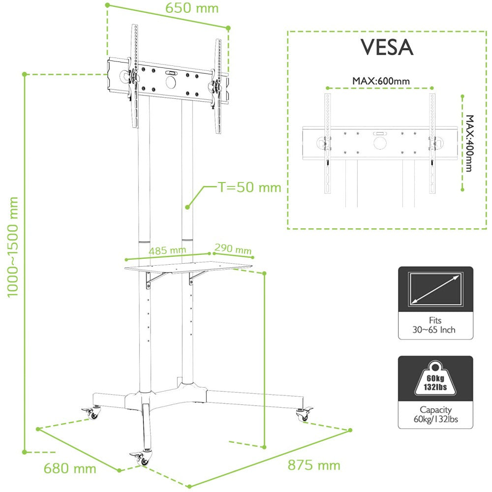 "Techly ICA-TR6 Support TV mobile 30-65"" jusqu'a 60kg étagere AV réglable"