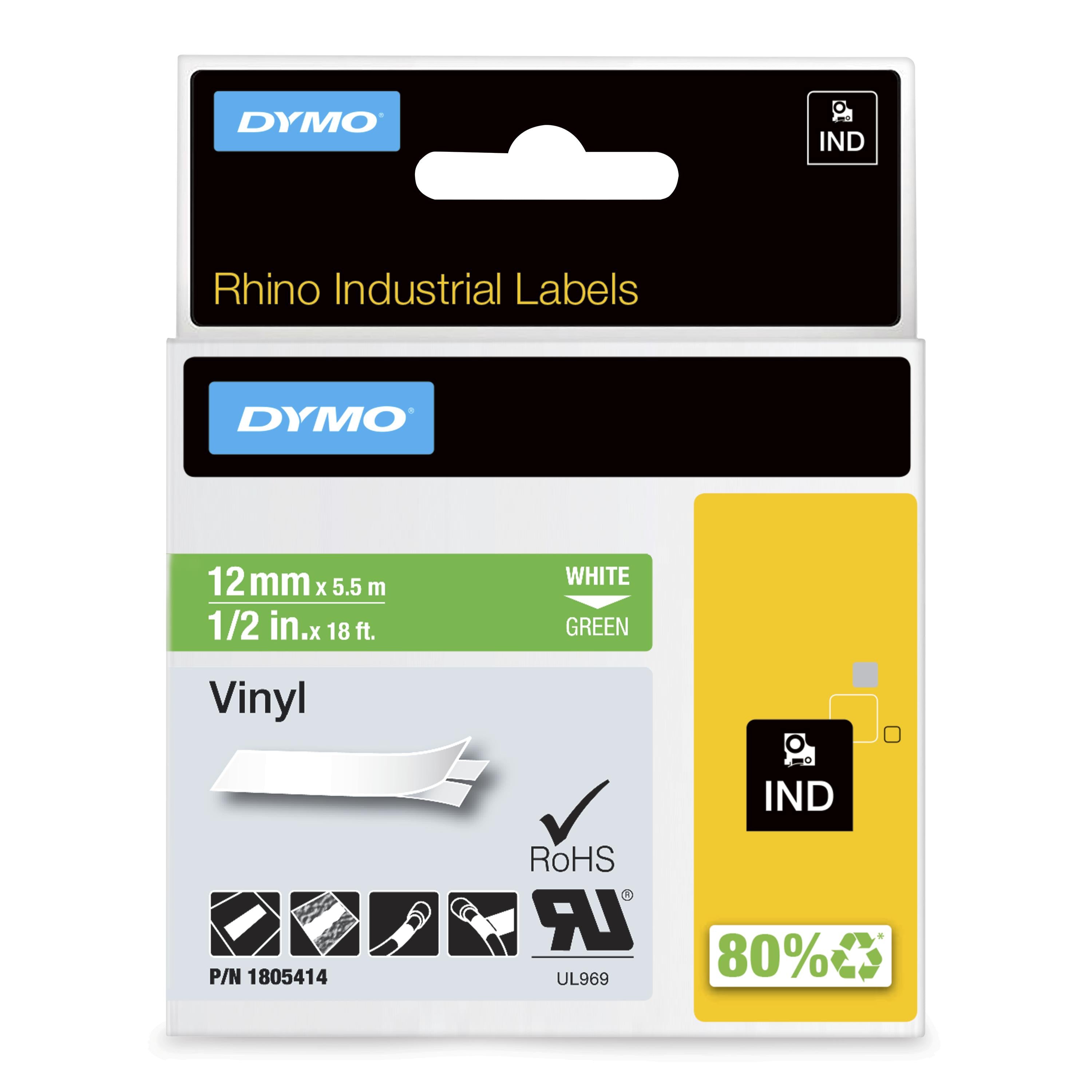 DYMO Etiquette industrielle vinyle blanc sur vert 12 mm x 5,