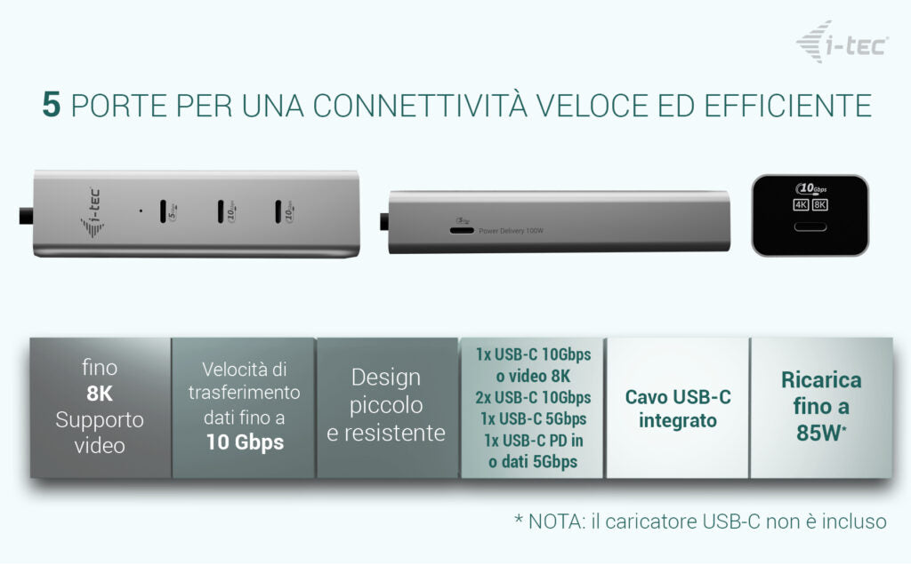 I-TEC USB-C Charging Metal HUB 5port with USB-C video 8K 1xUSB-C video/Data 1xUSB-C PD/Data 1xUSB-C 3.2 Gen1 2xUSB-C 3.2 Gen2 PD85W