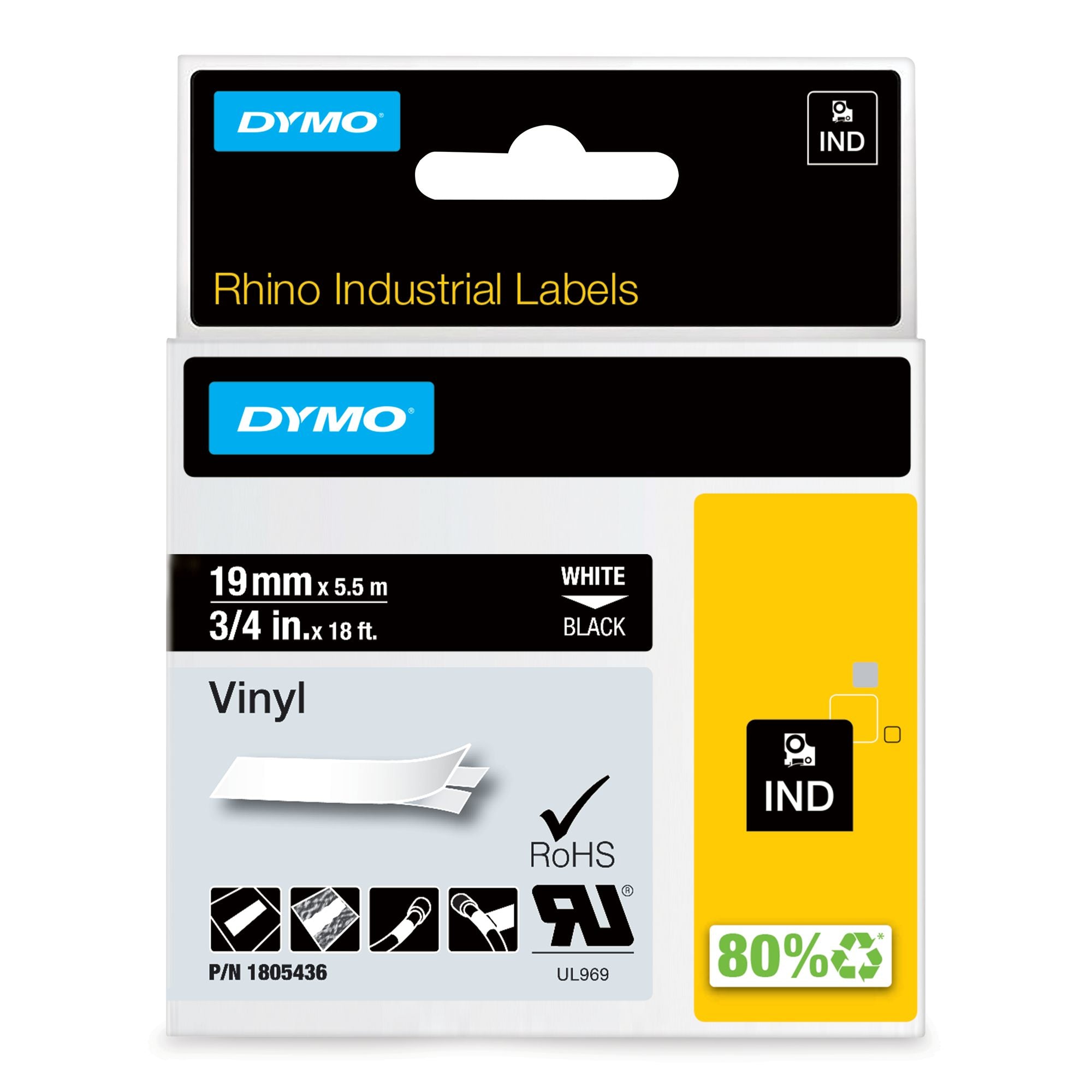 DYMO Rhino étiquette indus. Vinyle 19 mm x 5,5 m blanc/noir