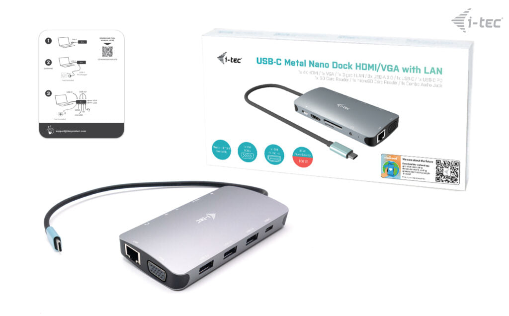 I-TEC USB-C Metal Nano Dock 1xHDMI 1xVGA 1xSD,1xmicroSD Cardreader 1xGLAN 3xUSB 3.1 1xUSB-C Data 1xUSB-C PD Sans Alimentation