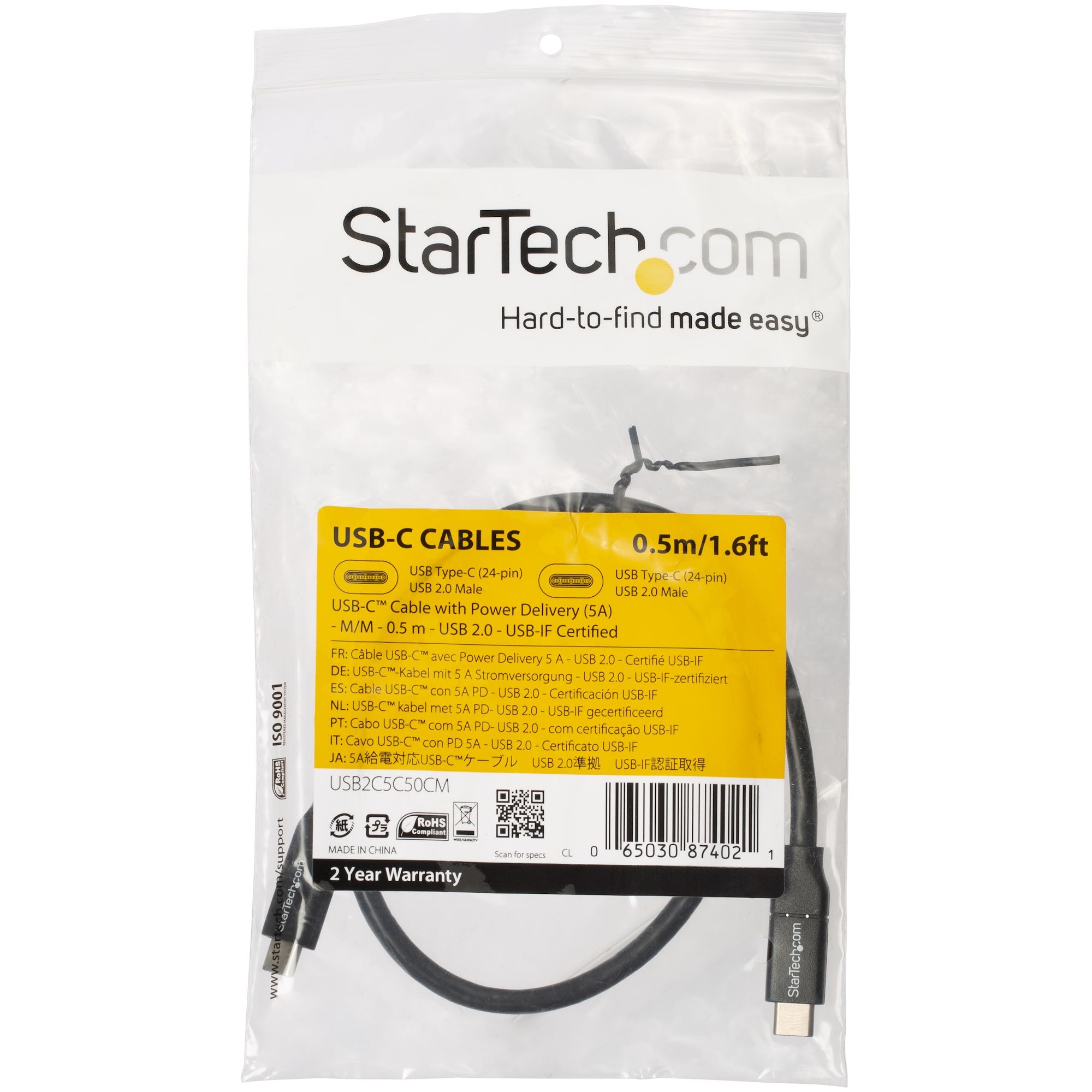 Cable USB-C w/5A PD - USB 2.0 - 0.5m
