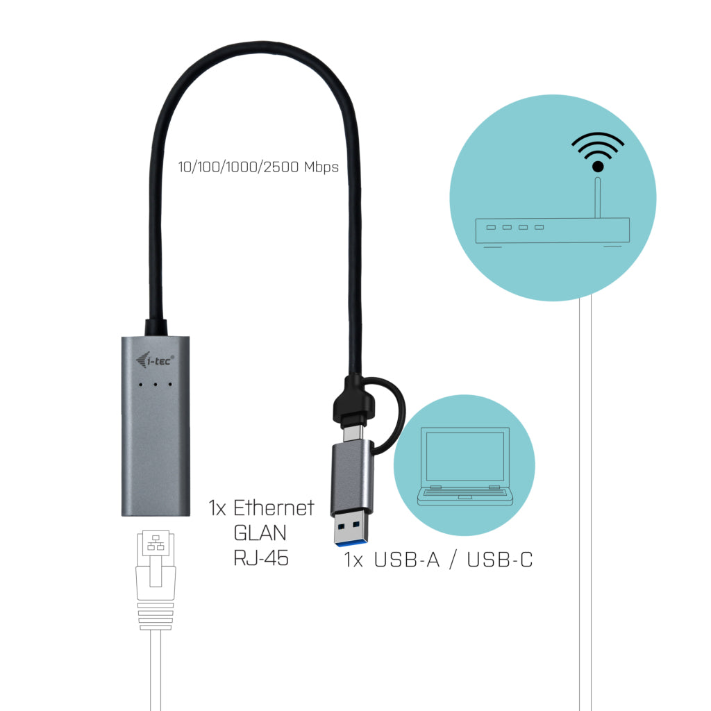 I-TEC USB-C Metal 2.5Gbps Ethernet Adapter 1x USB-C to RJ-45 LED compatible with Thunderbolt 3