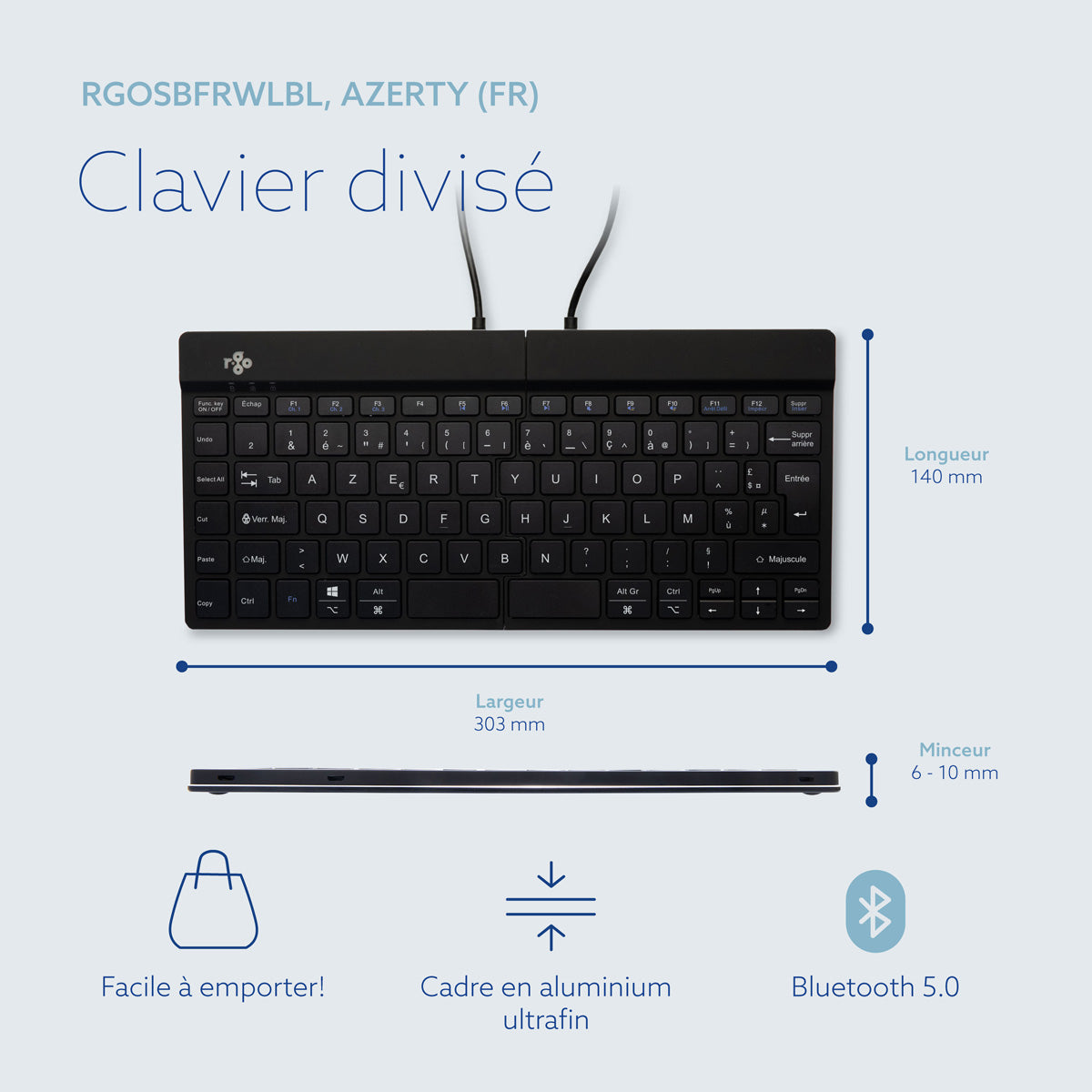 R-GO TOOLS Clavier ergo Split Break, divisé, Bluetooth noir