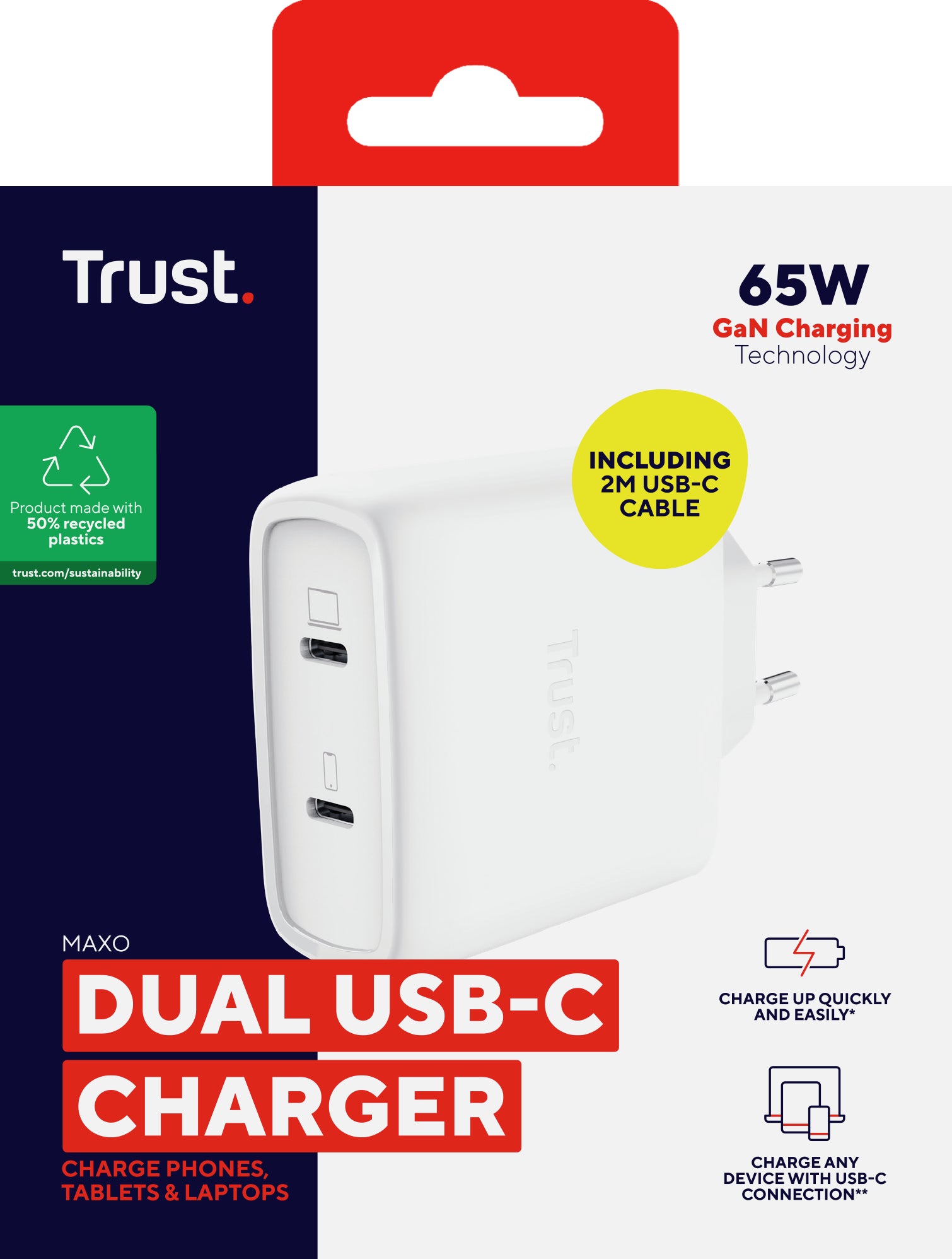 TRUST Chargeur MAXO USB 65 watts GAN 2 ports USB-C + câble noir