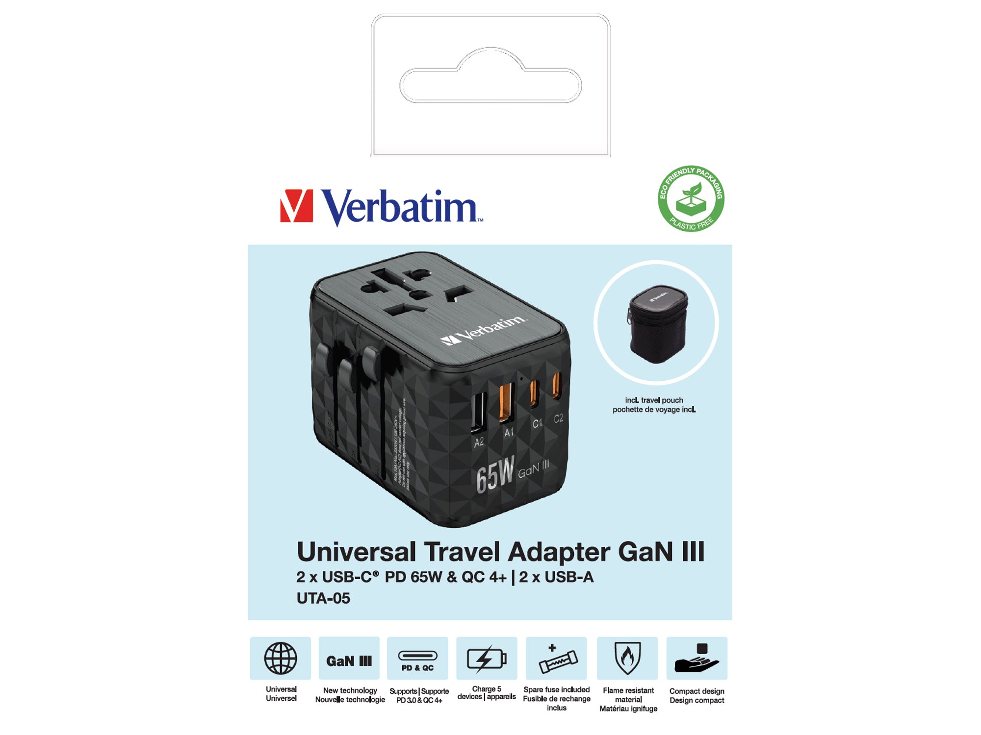 VERBATIM GAN III UNIVERSAL TRAVEL ADAPTER UTA-05 WITH 2 X USB-C PD 65W & QC 4+ / 2 X USB-A WCF (P)