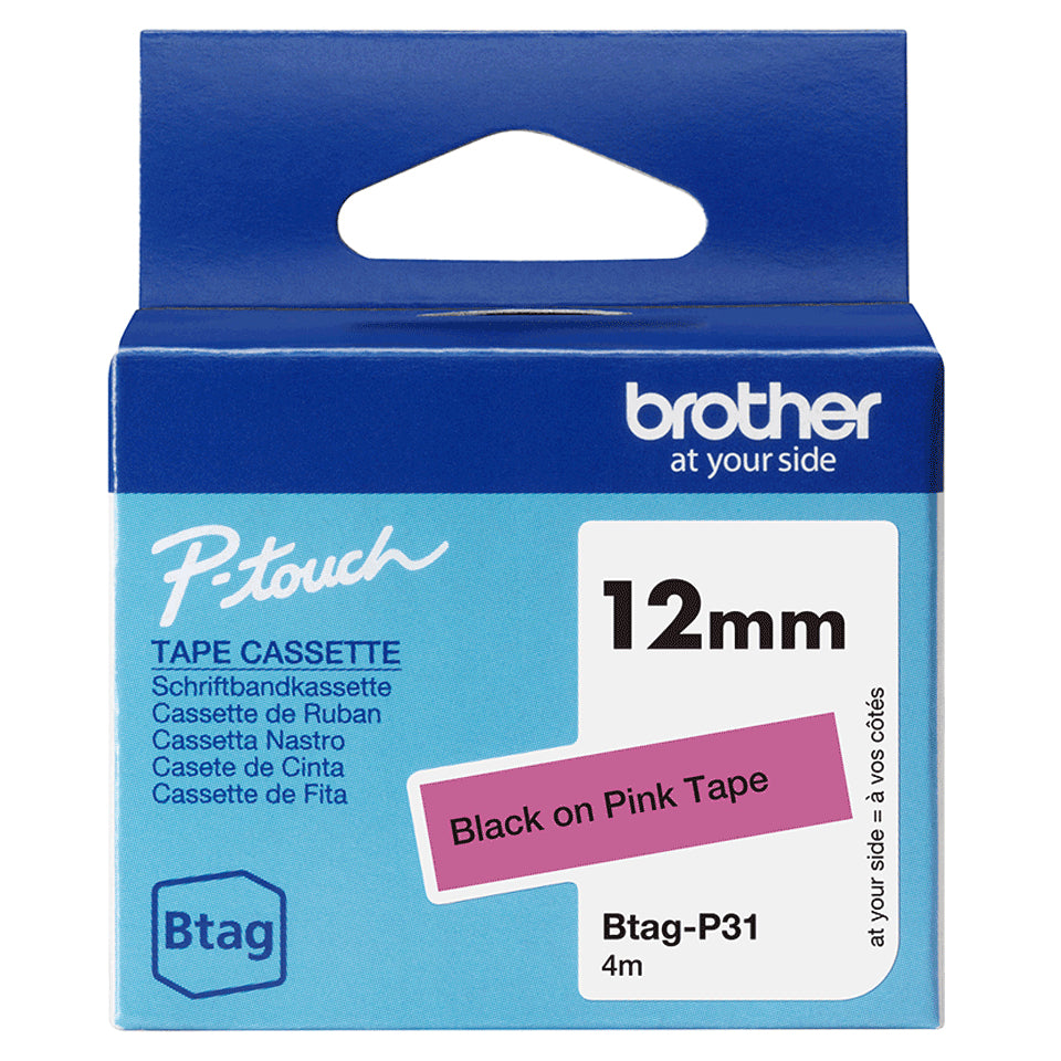 BROTHER 12MM BTAGP31 Ribbon Black on Pink