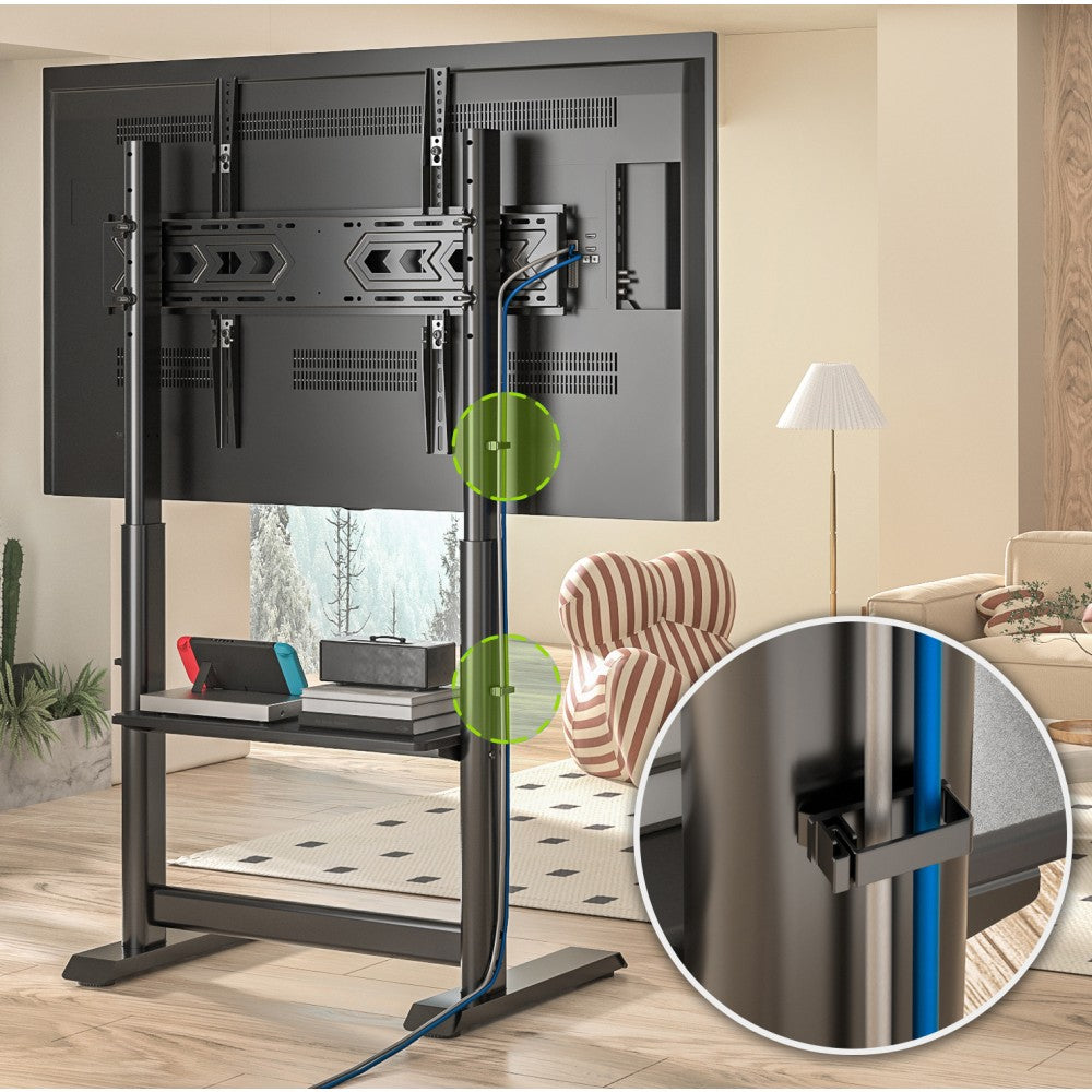 "Techly ICA-TR130BK Support de sol pour TV 60-86"" jusqu'a 68kg réglable avec étagere AV"