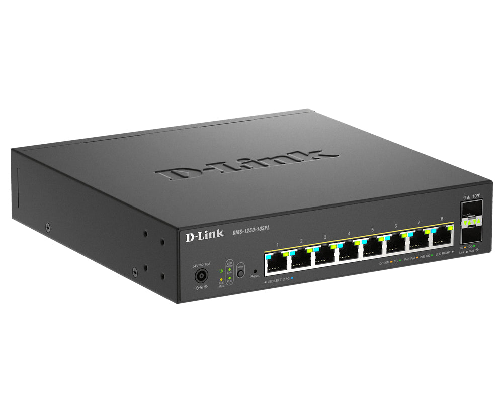 D-LINK Smart+ L2+ 8 ports 2.5 GbE PoE 1-2/60W - 3-8/30W and 2 ports 10 GbE SFP+ - Budget PoE 120 W