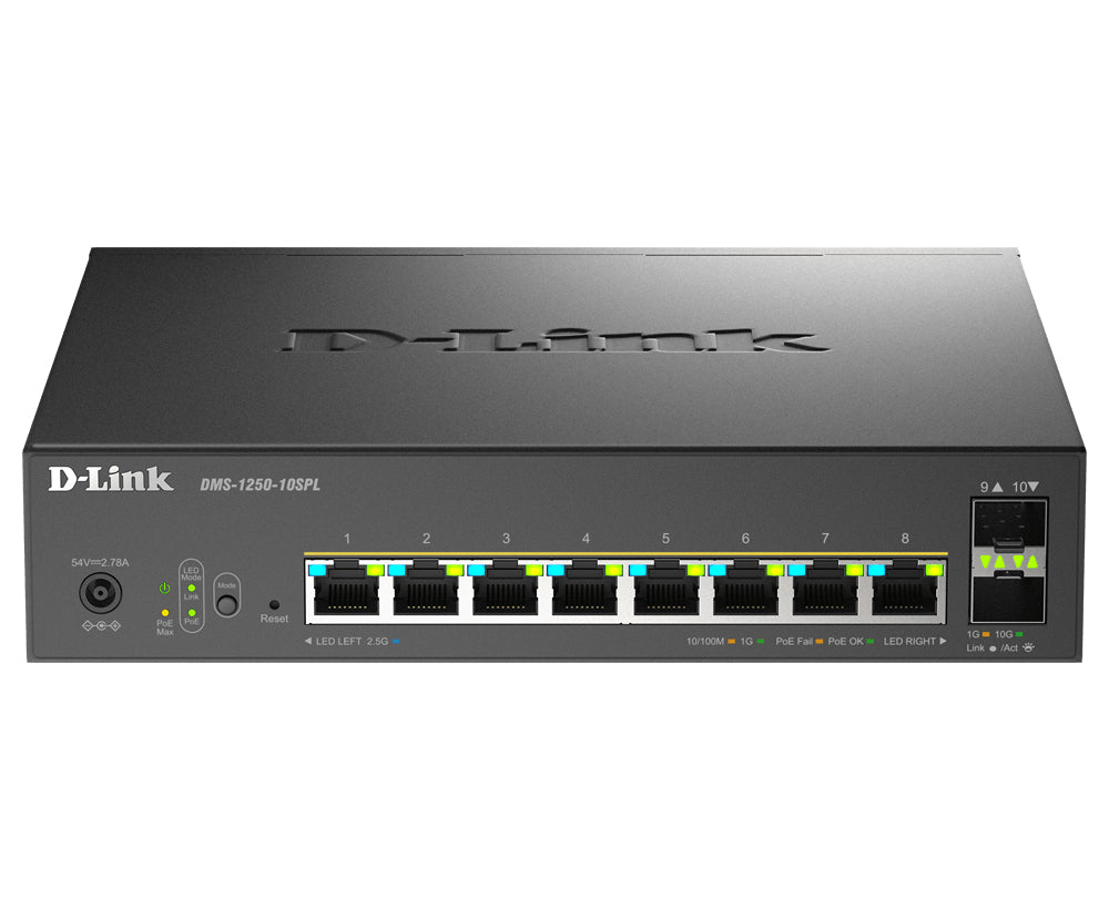 D-LINK Smart+ L2+ 8 ports 2.5 GbE PoE 1-2/60W - 3-8/30W and 2 ports 10 GbE SFP+ - Budget PoE 120 W
