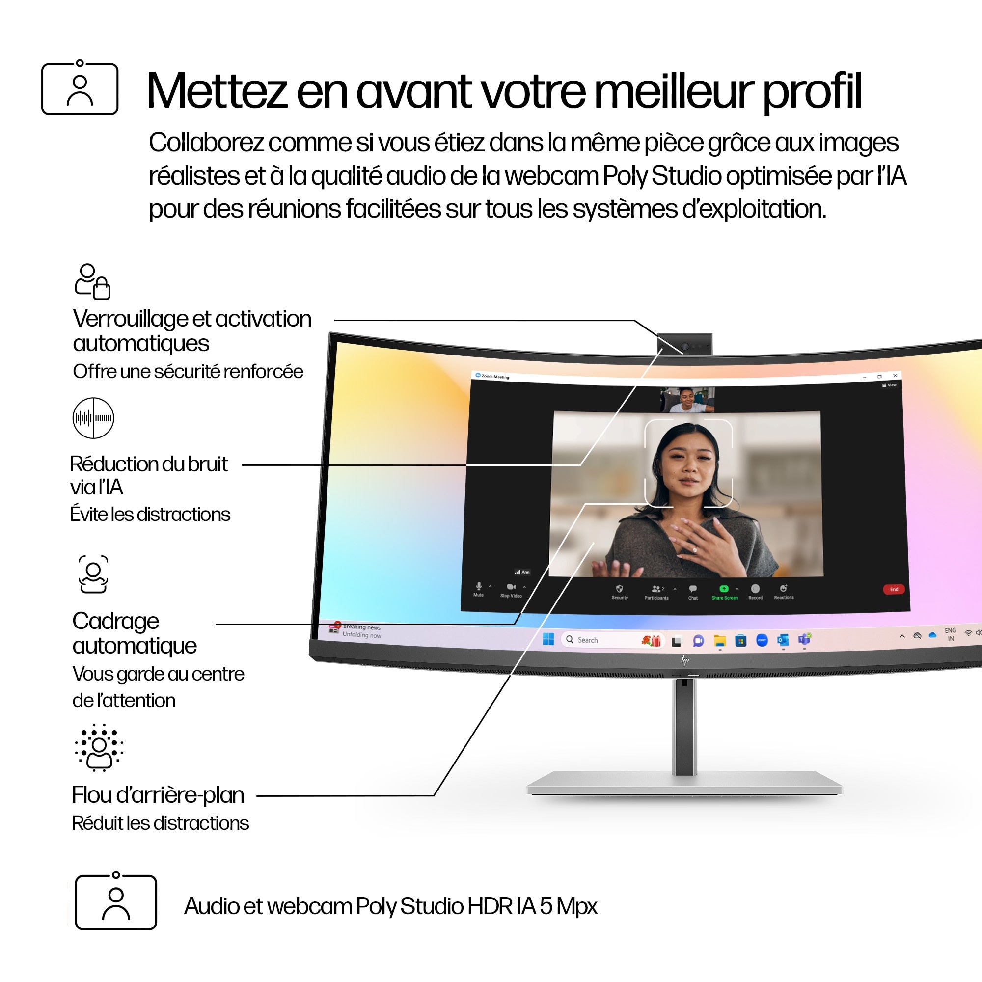 "HP Series 7 Pro 34 inch WQHD Conferencing Monitor - 734pm écran plat de PC 86,4 cm (34"") 3440 x 1440 pixels Wide Quad HD LCD Noir, Argent"
