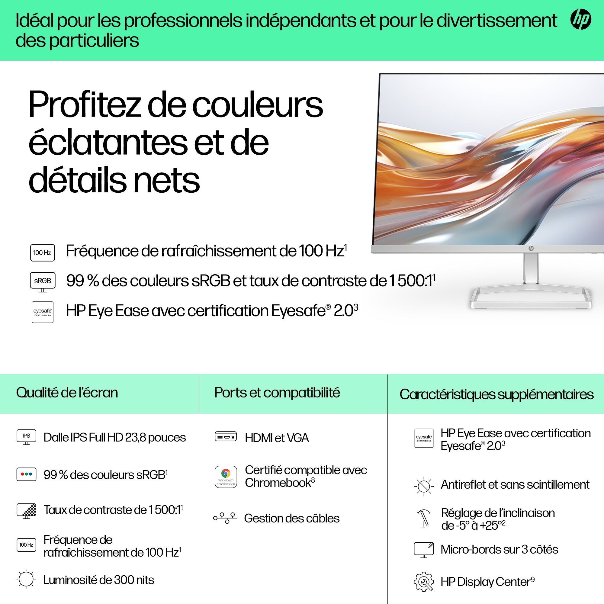 "HP Series 5 23.8 inch FHD White Monitor - 524sw écran plat de PC 60,5 cm (23.8"") 1920 x 1080 pixels LCD Argent"