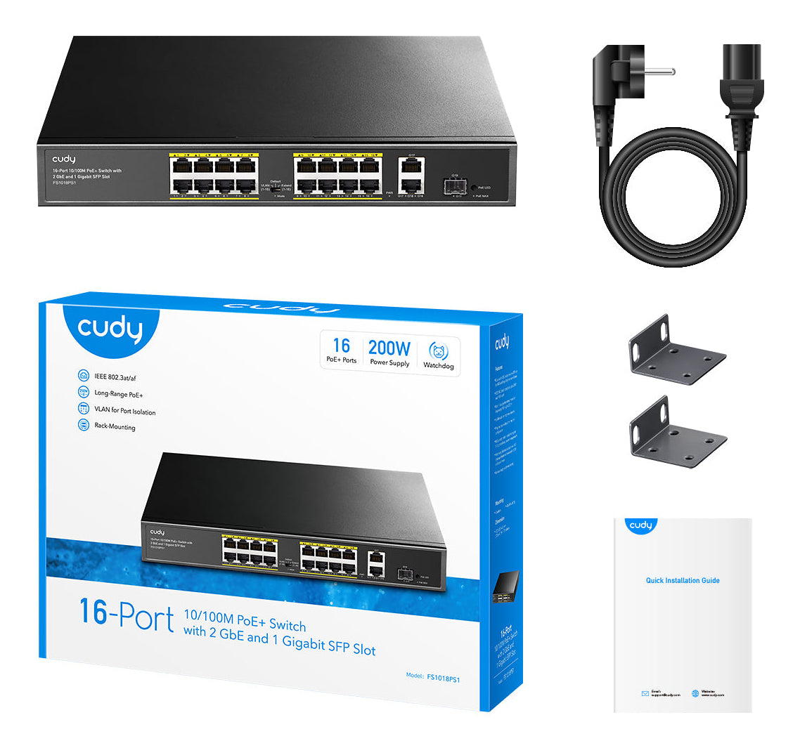 Cudy FS1018PS1 commutateur réseau Fast Ethernet (10/100) Connexion Ethernet, supportant l'alimentation via ce port (PoE) Gris