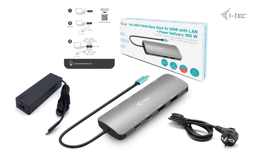 I-TEC USB-C Metal Nano Dock 2x HDMI 1x GLAN 2x USB 3.2 2x USB 2.0 1x USB-C 3.2 Gen.1 Data 1x USB-C 100W PD + Charger 100W