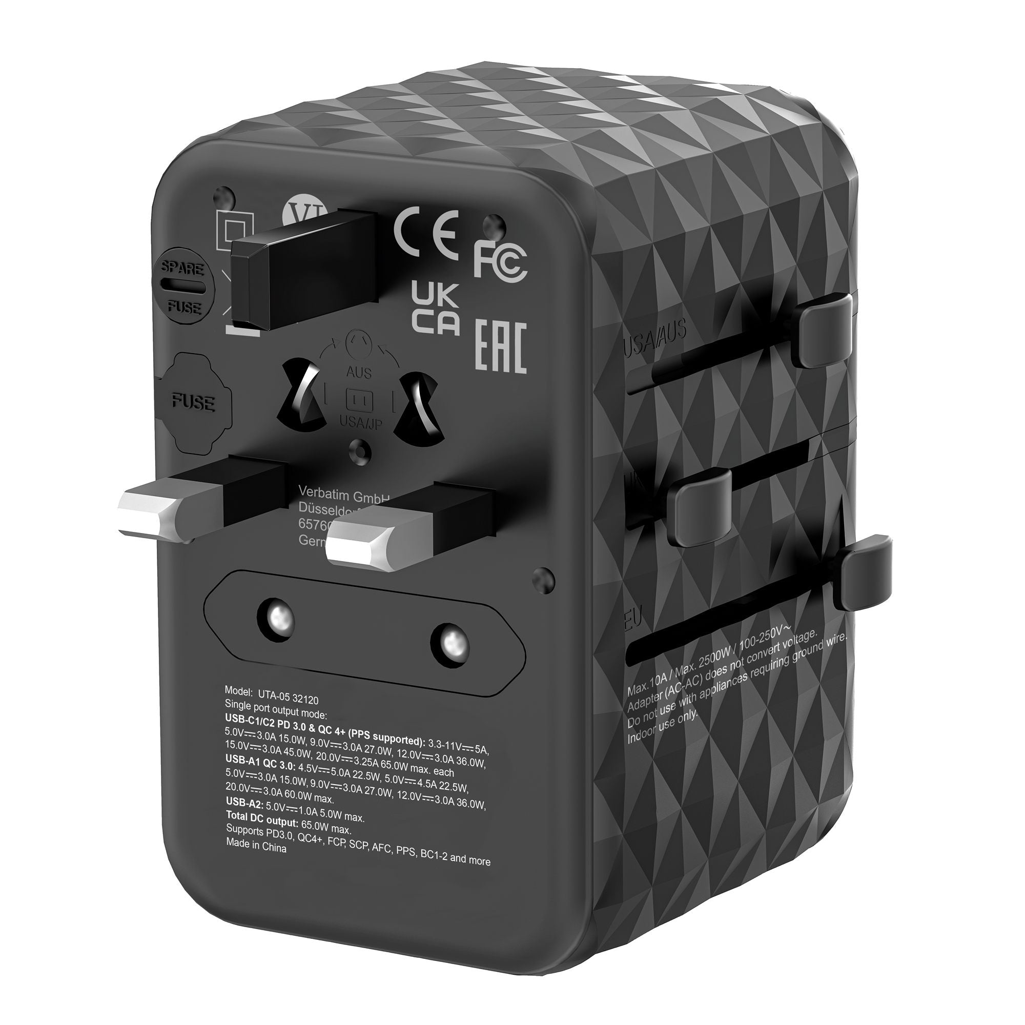 VERBATIM GAN III UNIVERSAL TRAVEL ADAPTER UTA-05 WITH 2 X USB-C PD 65W & QC 4+ / 2 X USB-A WCF (P)