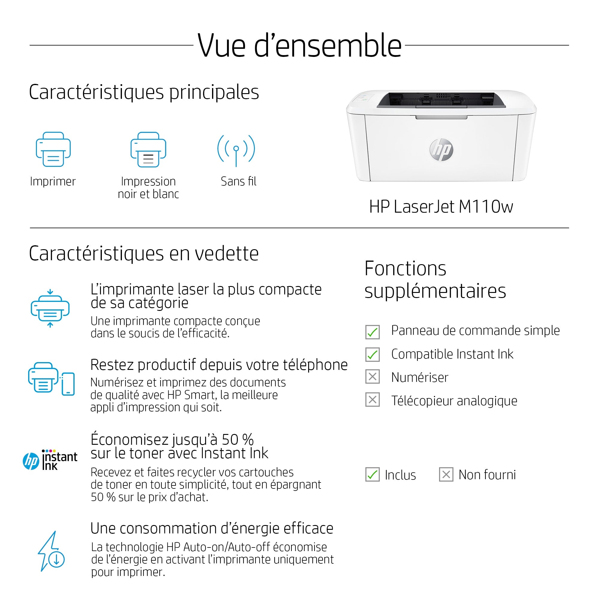 HP LaserJet M110w Printer Mono B/W laser A4/Letter 600x600dpi 20ppm capacity 150 sheets USB 2.0 Wi-Fi Bluetooth LE
