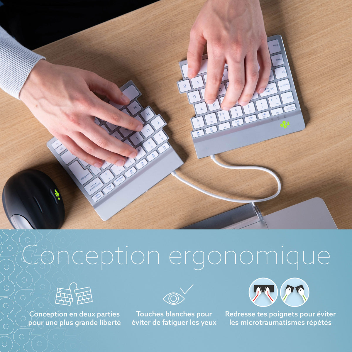 R-GO TOOLS Clavier ergo Split Break, divisé Bluetooth blanc