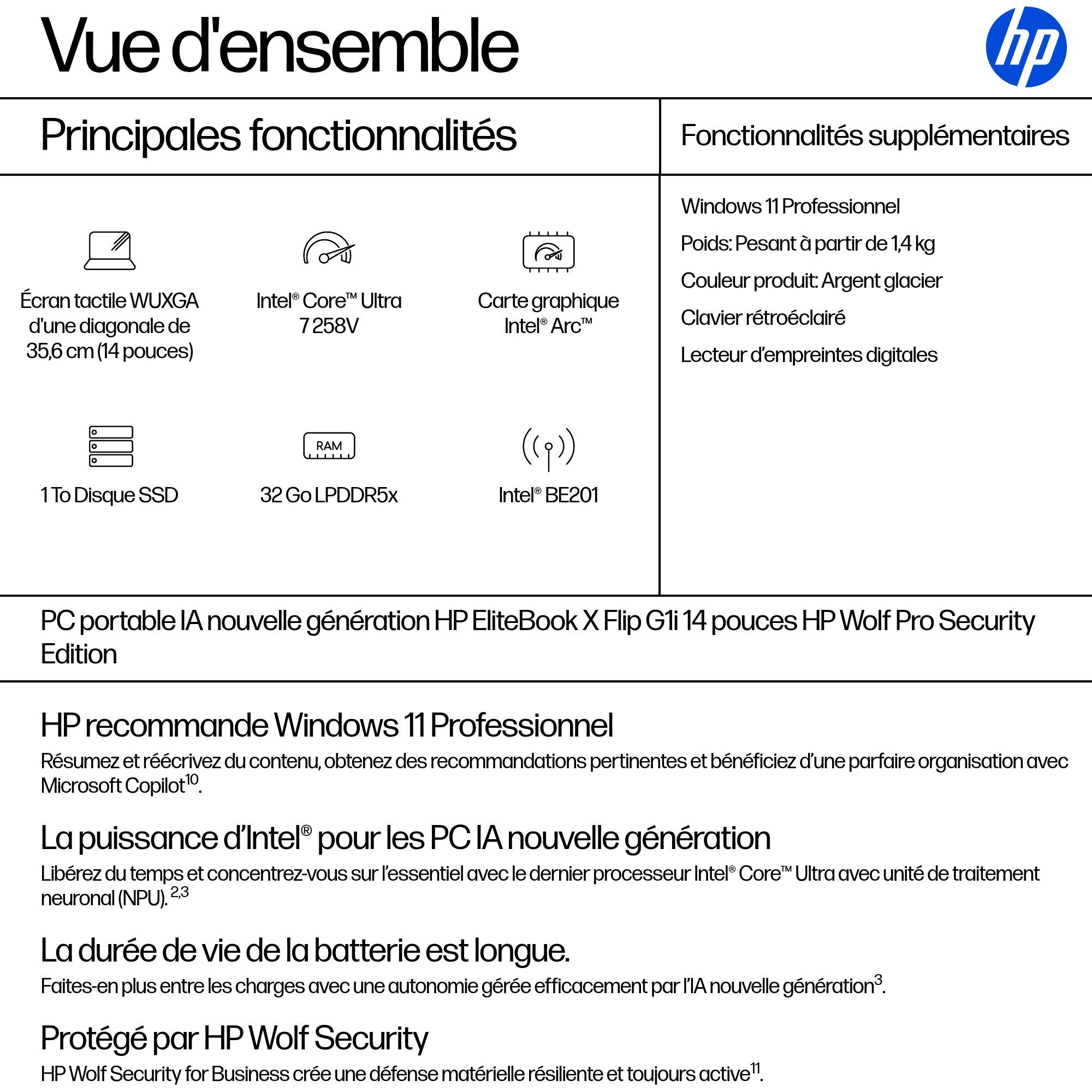 HP EliteBook X Flip IA Nouvelle génération Intel Core Ultra 7 258V 14p WUXGA 32Go 1To SSD UMA W11P Copilot + PC 3/3/0