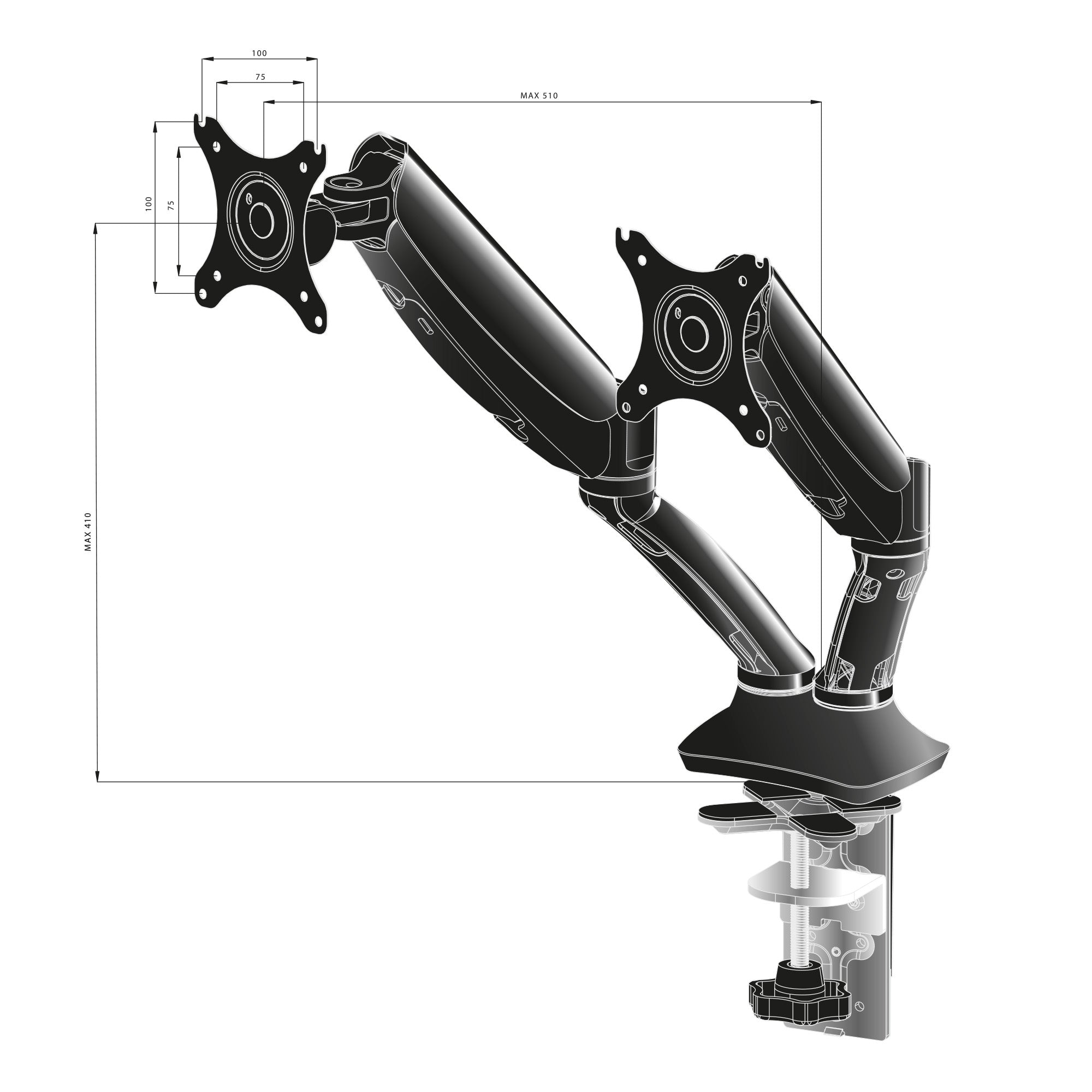 Desk Mount 10~27" VESA 75x75/100x100mm