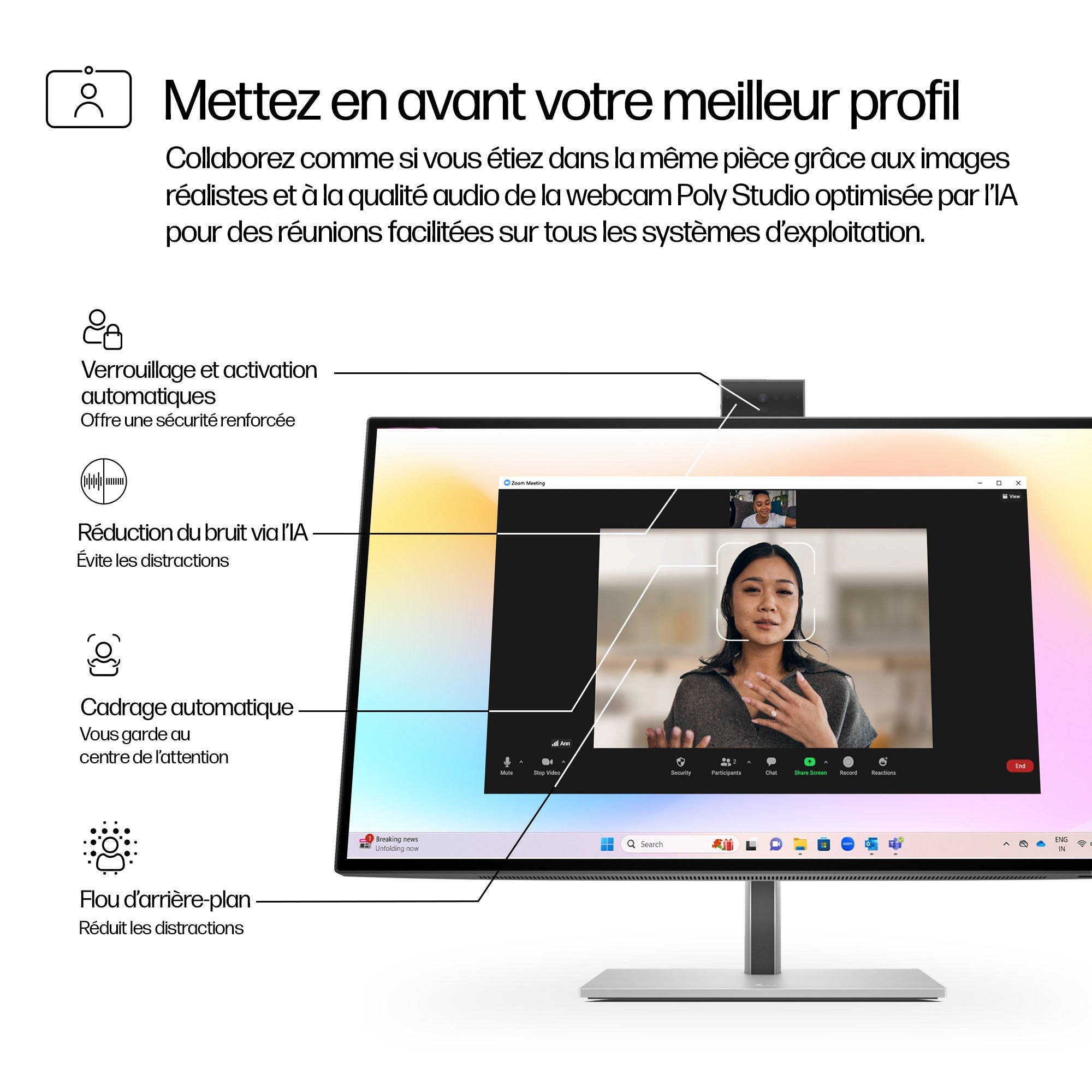 HP Écran pour conférence 4K Series 7 Pro 727pm avec webcam IA 5 Mpx HDR 27p 4K UHD 3840x2160 HDMI DisplayPort Thunder 3/3/0