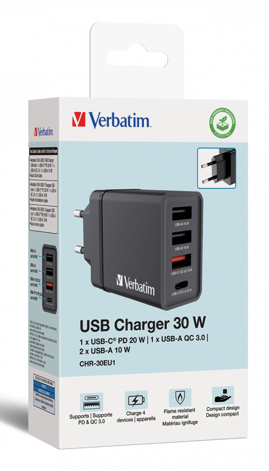 VERBATIM CHR-30EU1 USB CHARGER 30W WITH 1 X USB-C PD 20W / 1 X USB-A QC 3.0 / 2 X USB-A 10W BLACK EU WCF (P)