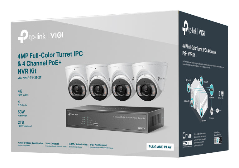 TP-LINK VIGI 4MP Full-Color Turret IPC and 4 Channel PoE+ NVR KIT