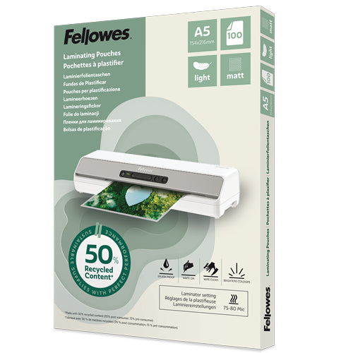 FELLOWES Pochettes de plastification A5 avec 50 pourcentage de contenu recyclé - usage léger mate lot de 100