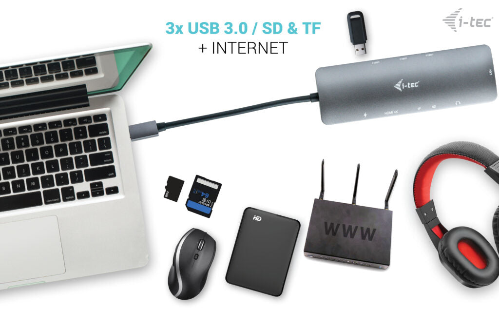 I-TEC USB C Metal Nano Dock 1xHDMI 4K 1xSD + 1xmicroSD Kartenleser 1xGLAN 1xAudio 3x USB 3.0 Port 1x USB-C PD + Charger 100W