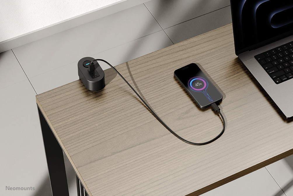 NEOMOUNTS VOLT Desk Clamp socket with Quick-charge USB Ports clamp 0-50mm 3x type-F 230V 1x USB-A 18W 2x USB-C 20W