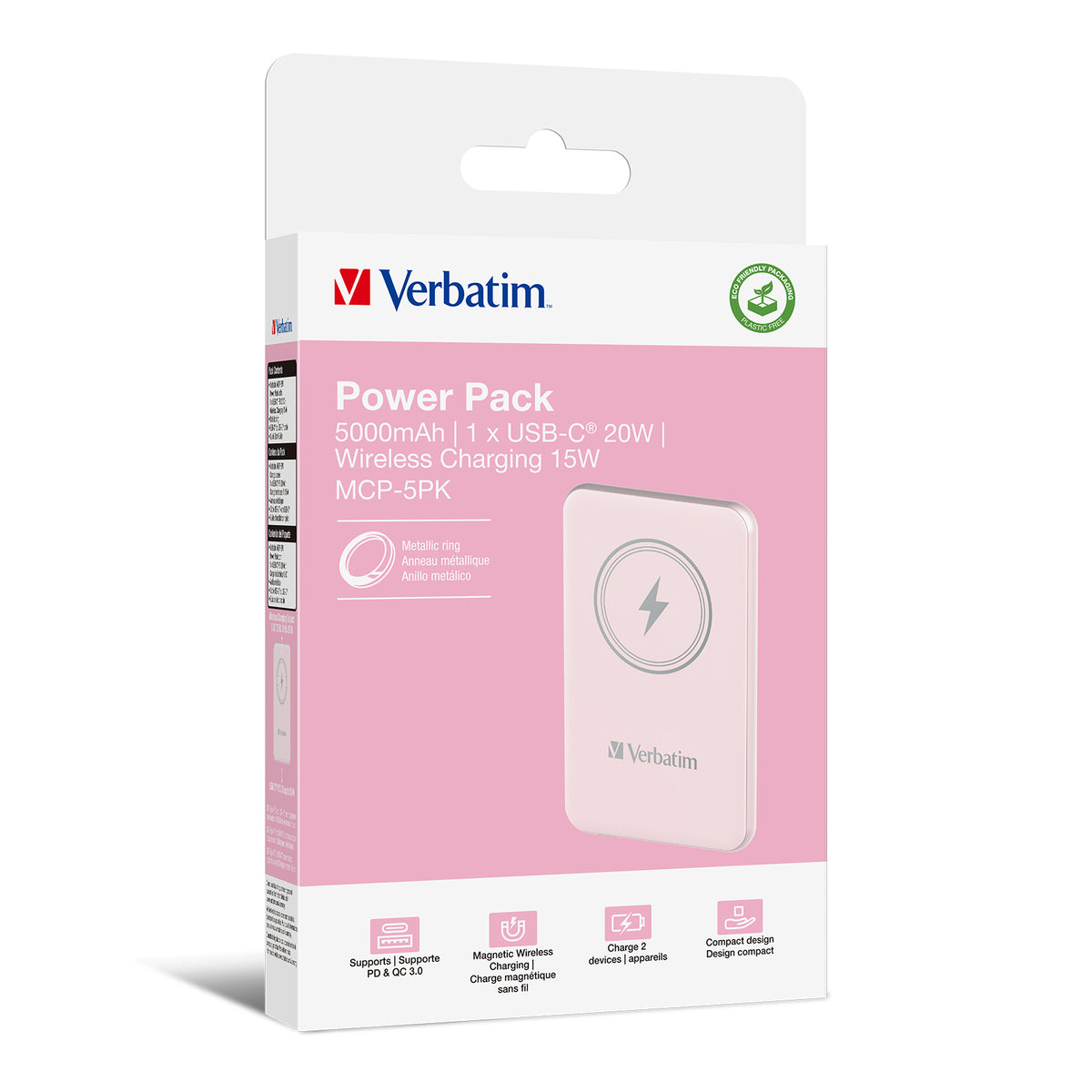 VERBATIM CHARGE N GO MAGNETIC WIRELESS POWER BANK 5000 PINK WCF (P)
