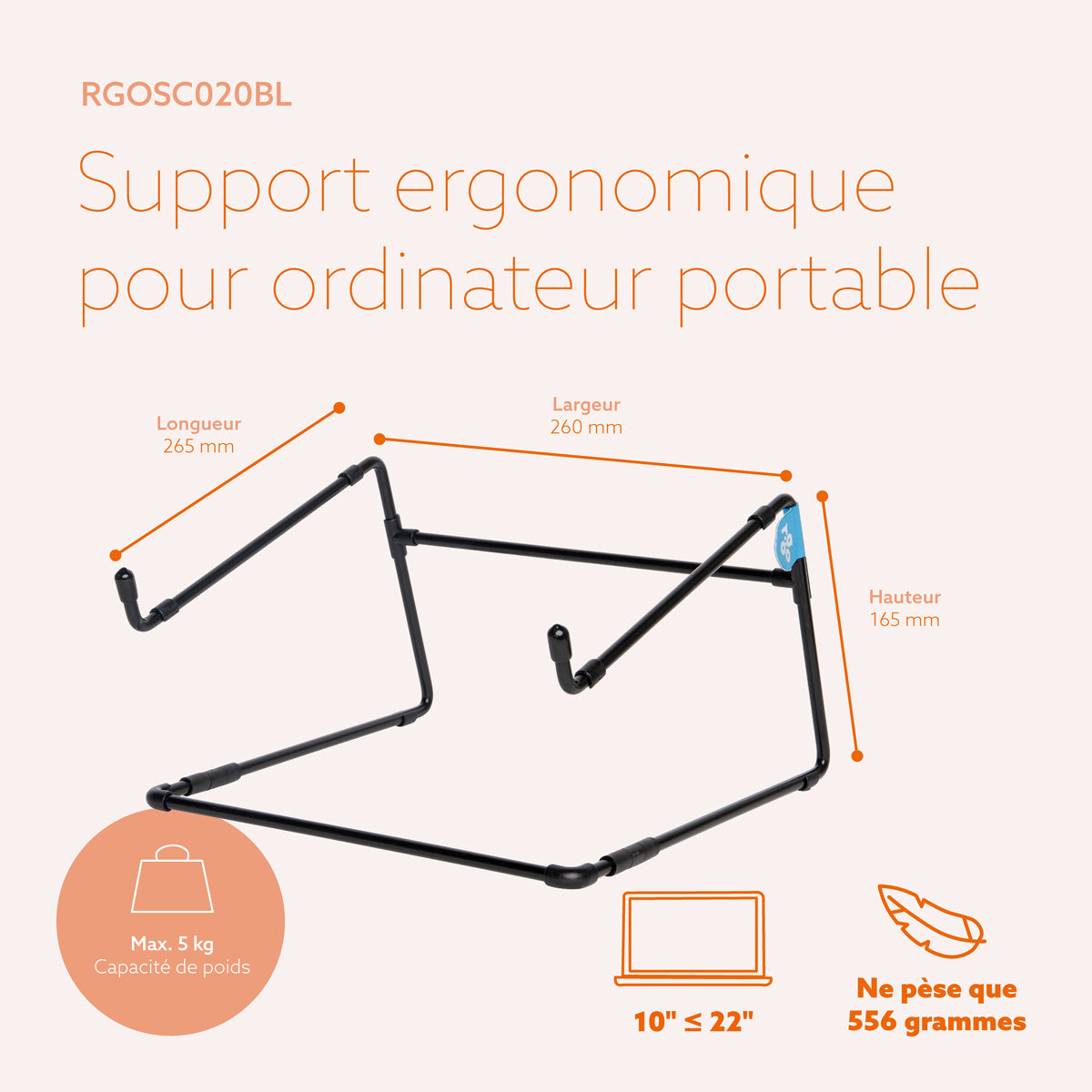 R-GO TOOLS Support pour PC portable Steel Office, noir