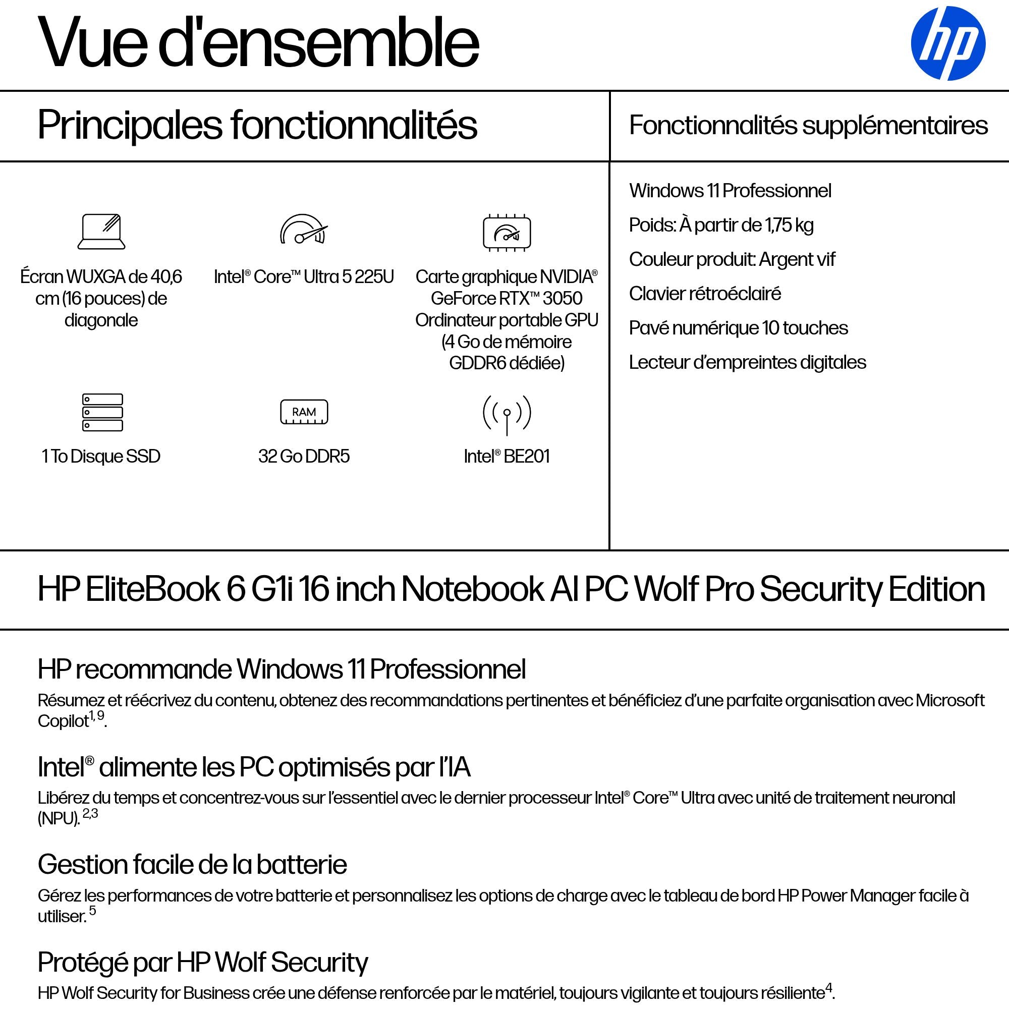 HP EliteBook 6 G1i IA Nouvelle génération Intel Core Ultra 5 225U 16p WUXGA 32Go 1To SSD UMA W11P Copilot + PC 1/1/0