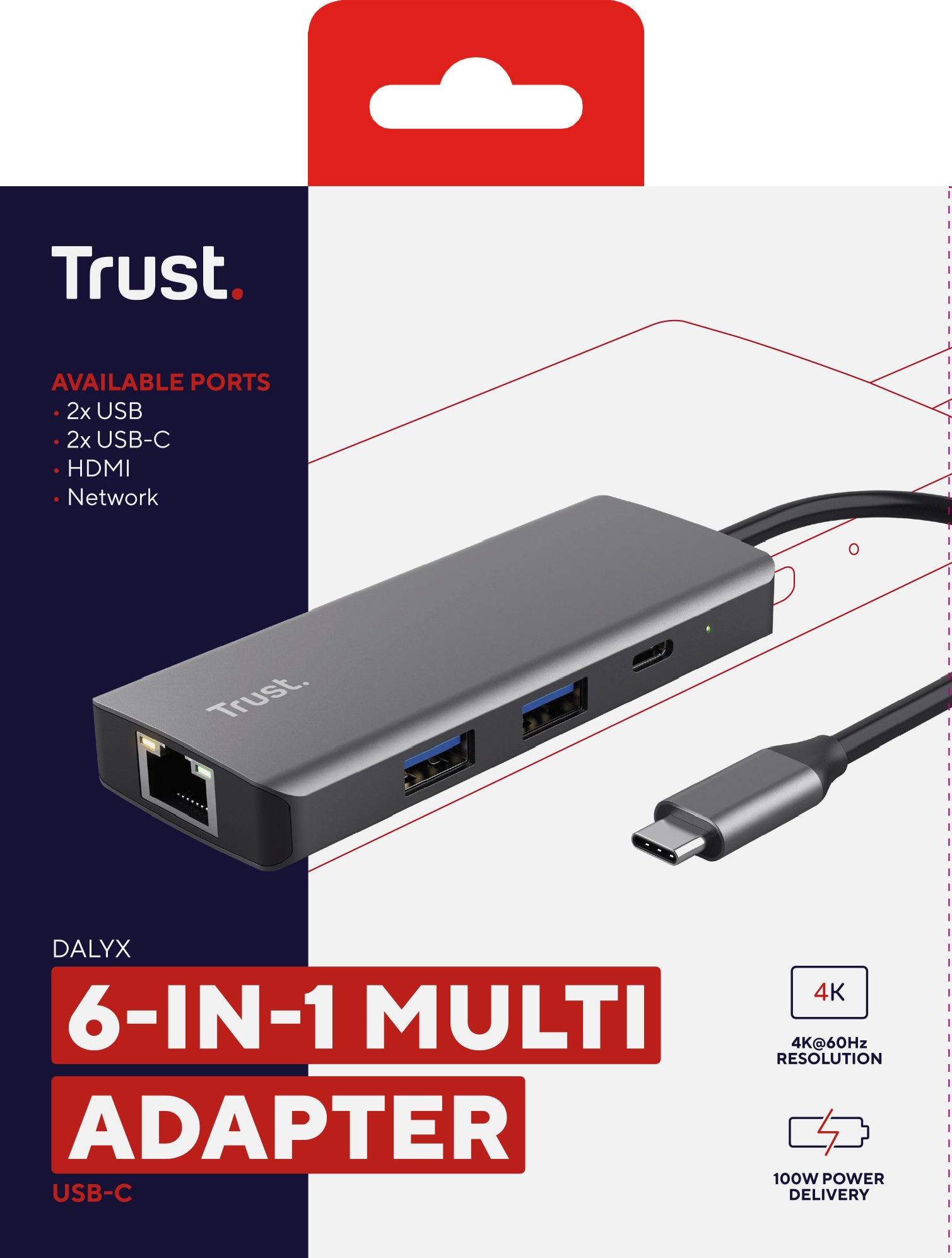 TRUST Adaptateur DALYX USB-C 6 en 1 2 USB-C 2 USB 1 HDMI 1 Ethernet