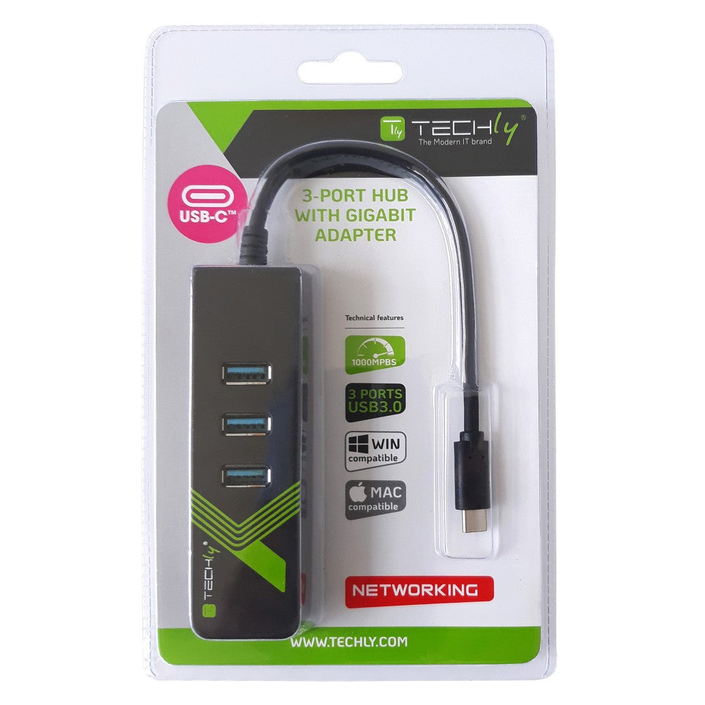 Techly IDATA USB-ETGIGA-3C2 Carte réseau/adaptateur USB-C vers RJ45 Gigabit, hub 3x USB 3.0